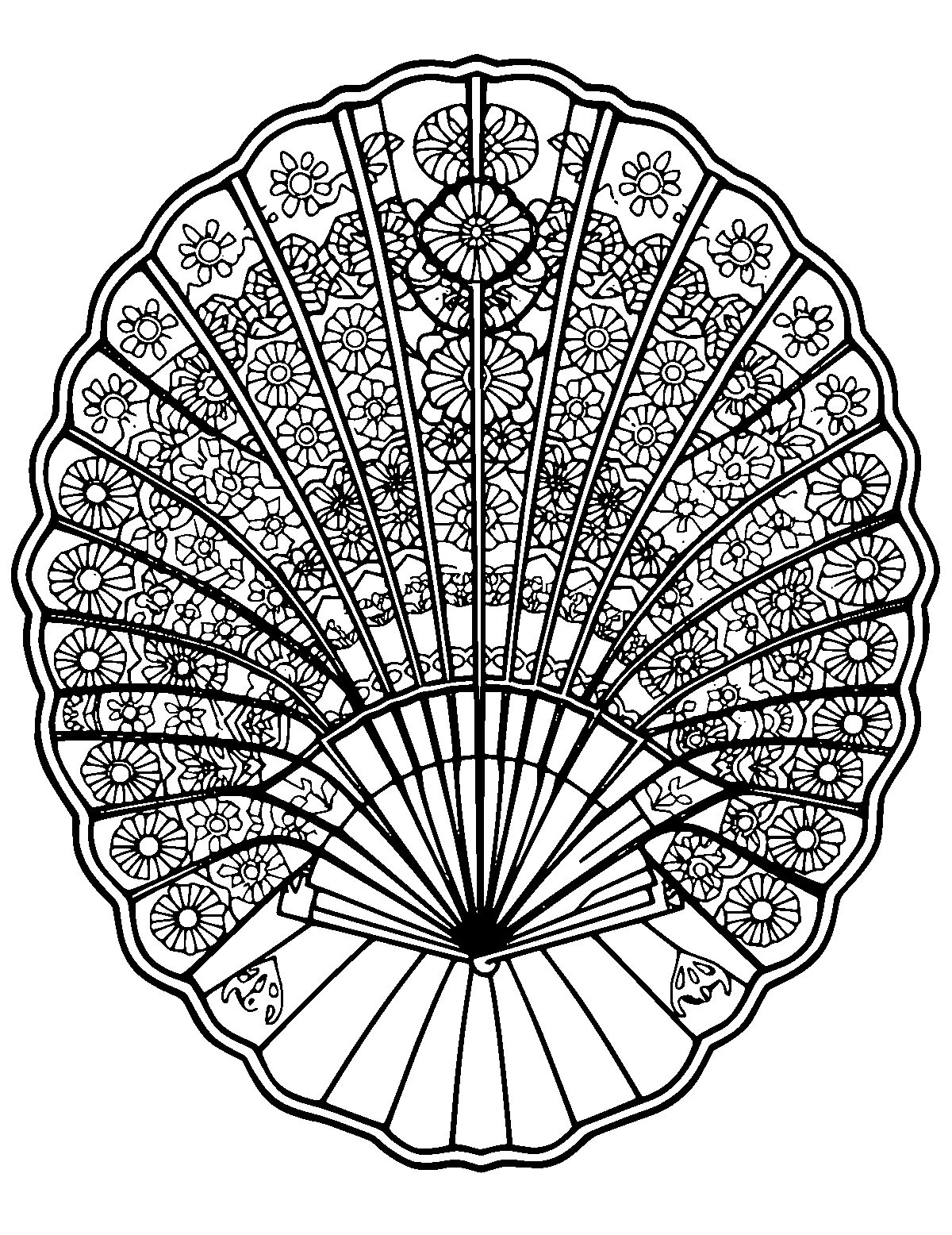 Line-art coloring page of Patterned Japanese Folding Fan, patterned, medium outlines, centered