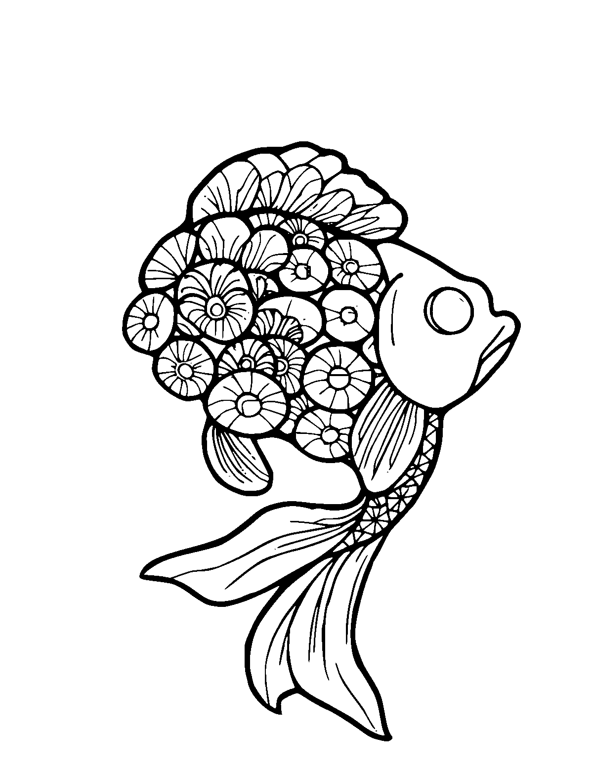 Line-art coloring page of Patterned Japanese Koinobori Carp Streamer, patterned, medium outlines, centered