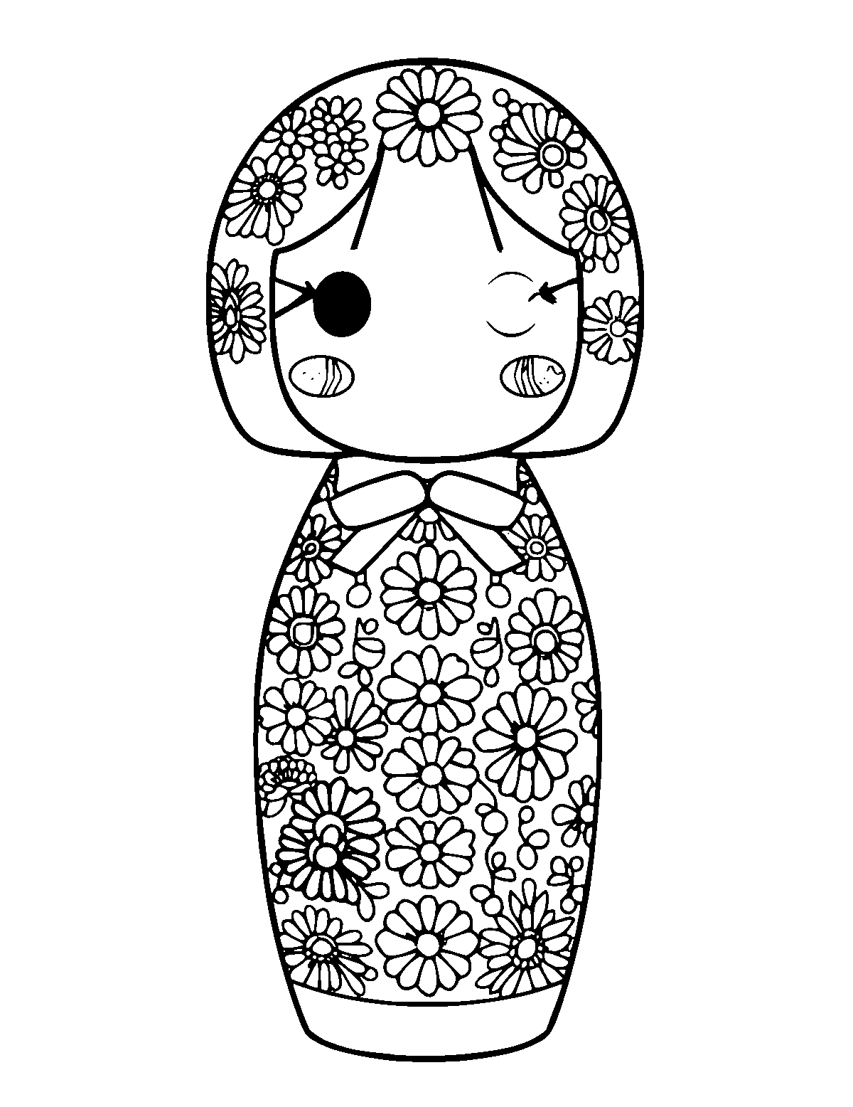 Line-art coloring page of Patterned Kokeshi Doll, patterned, medium outlines, centered