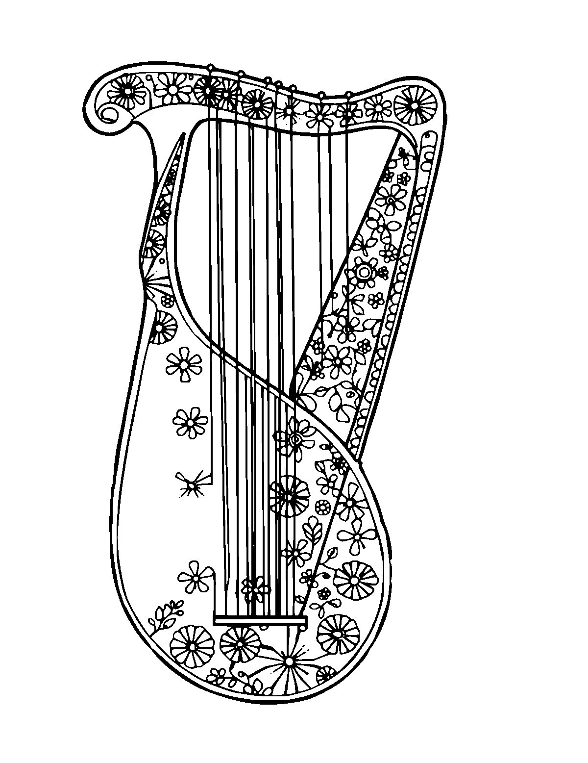 Line-art coloring page of Patterned Kora Harp, patterned, medium outlines, centered
