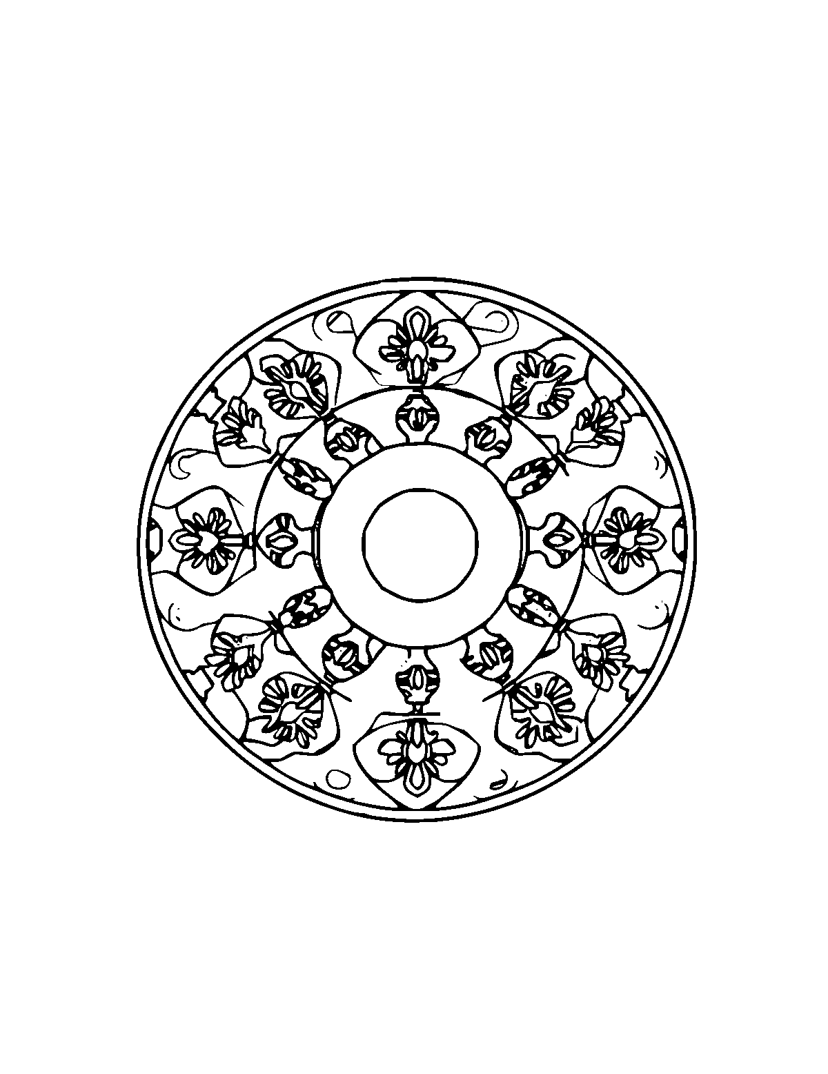 Line-art coloring page of Patterned Korean Taegeuk Symbol, patterned, medium outlines, centered