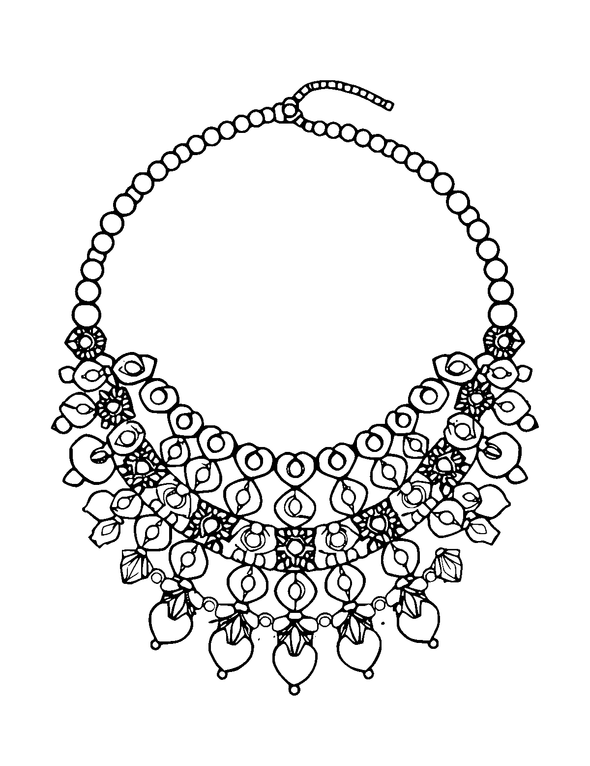 Line-art coloring page of Patterned Maasai Beaded Necklace, patterned, medium outlines, centered