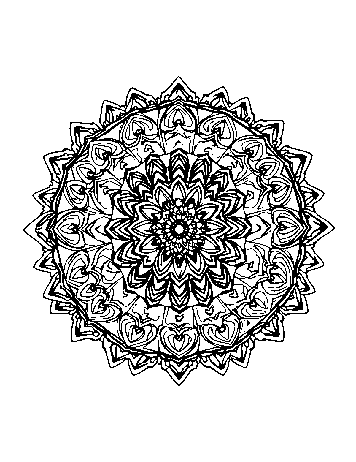 Line-art coloring page of Patterned Mandala Pattern, patterned, medium outlines, centered