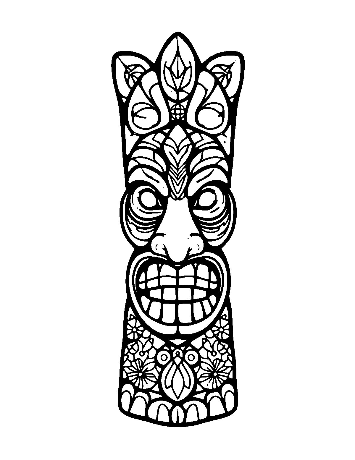 Line-art coloring page of Patterned Maori Tiki Carving, patterned, medium outlines, centered