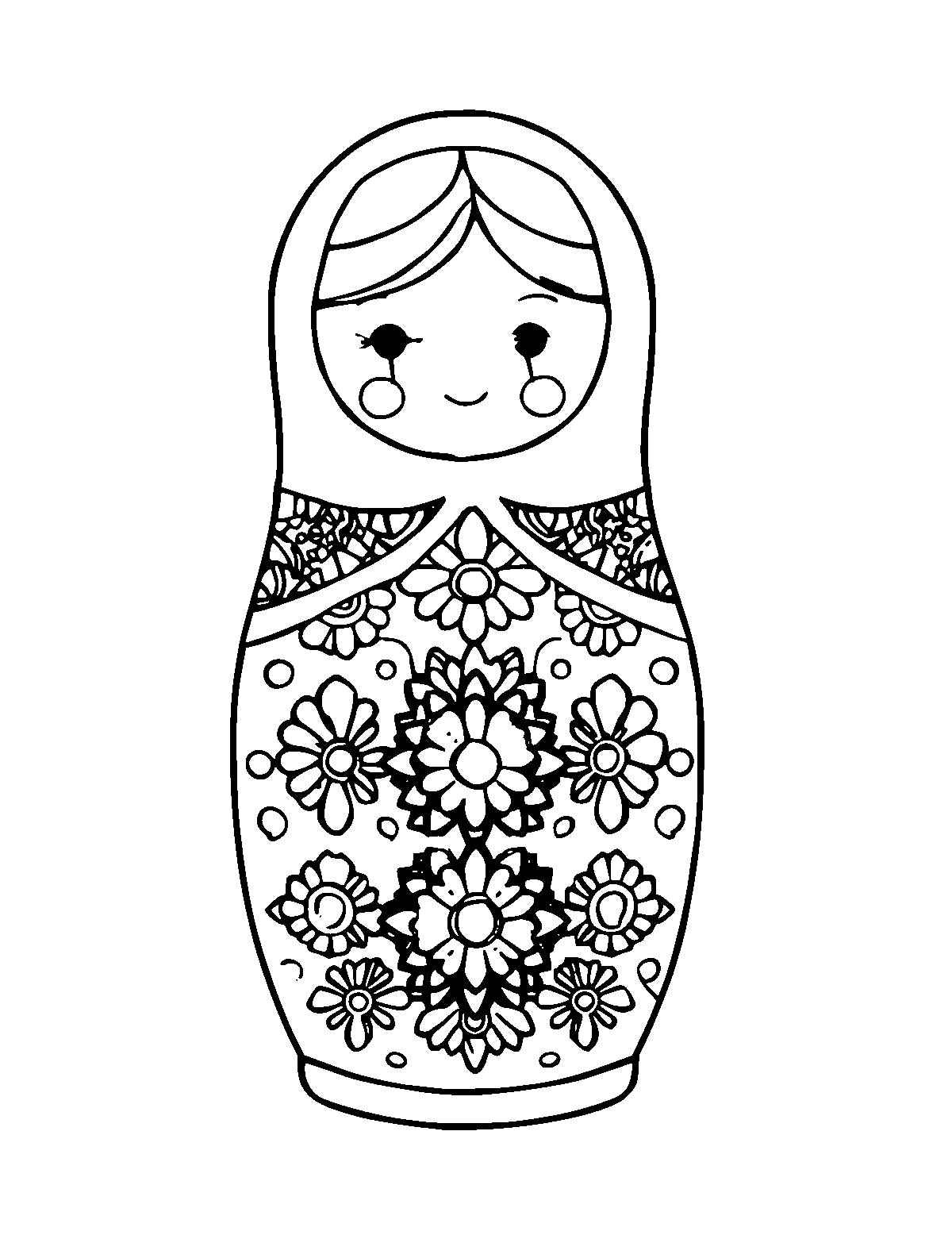 Line-art coloring page of Patterned Matryoshka Nesting Doll, patterned, medium outlines, centered