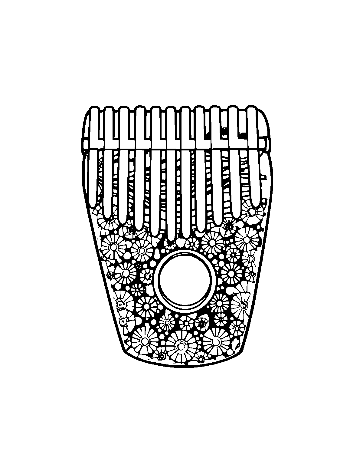 Line-art coloring page of Patterned Mbira Thumb Piano, patterned, medium outlines, centered