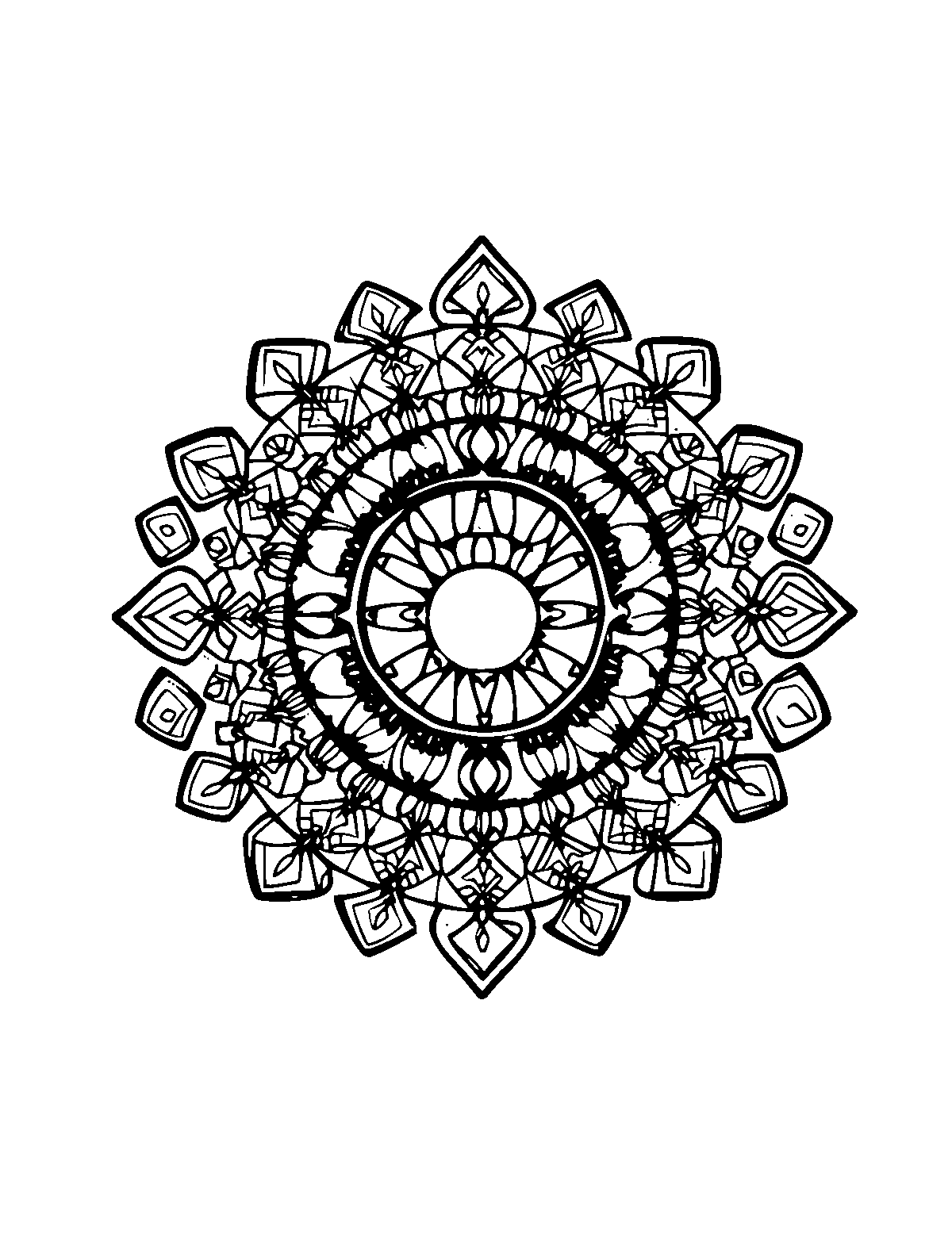 Line-art coloring page of Patterned Mexican Ojo De Dios (God's Eye), patterned, medium outlines, centered