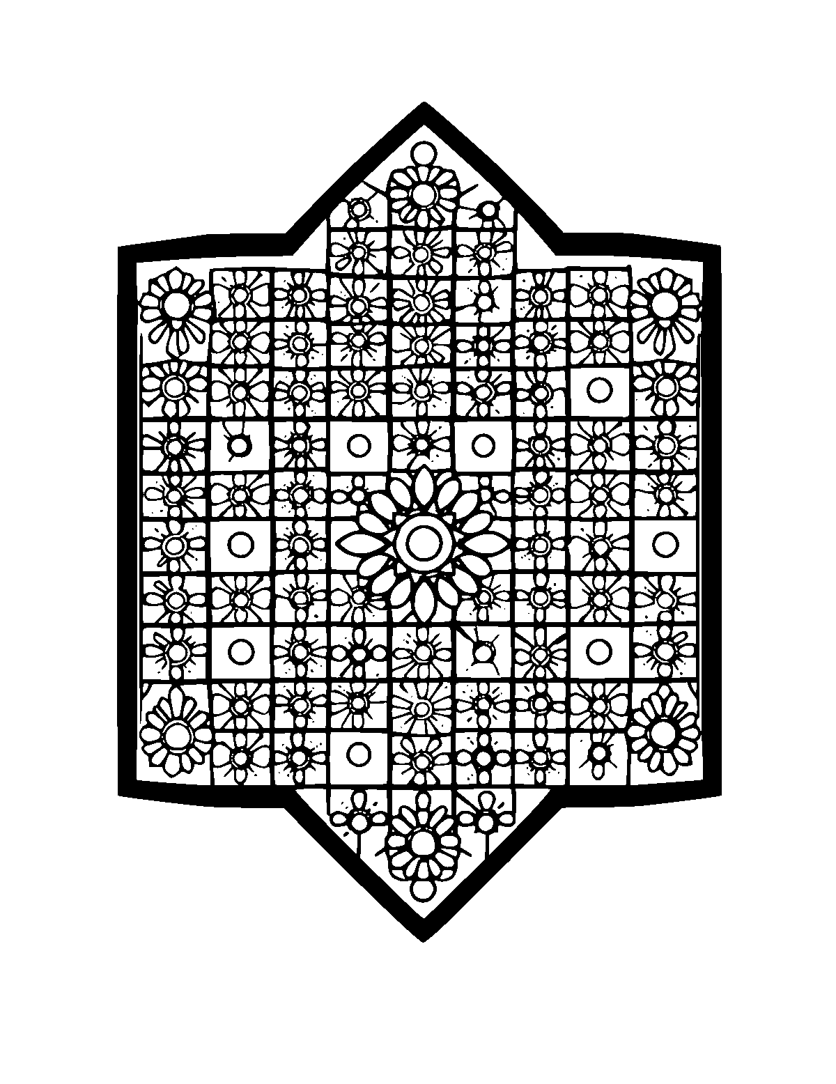 Line-art coloring page of Patterned Mosaic, patterned, medium outlines, centered