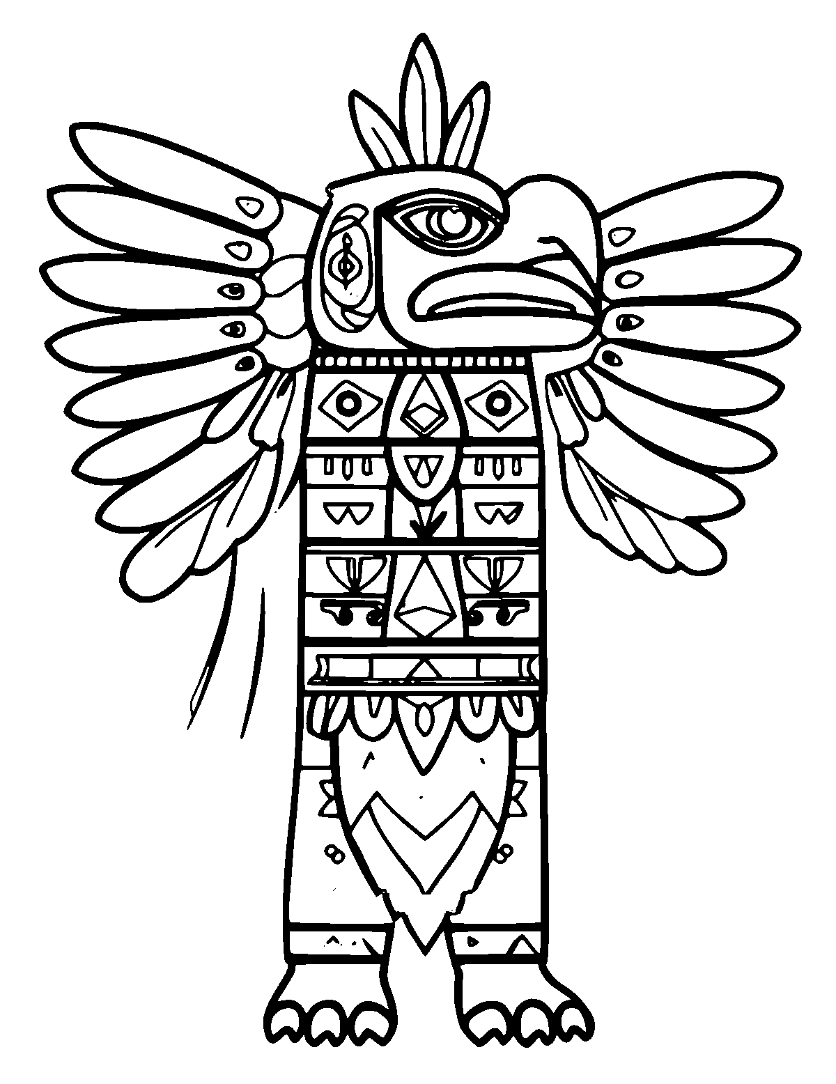 Line-art coloring page of Patterned Native American Totem Animal Spirit, patterned, thick outlines, centered