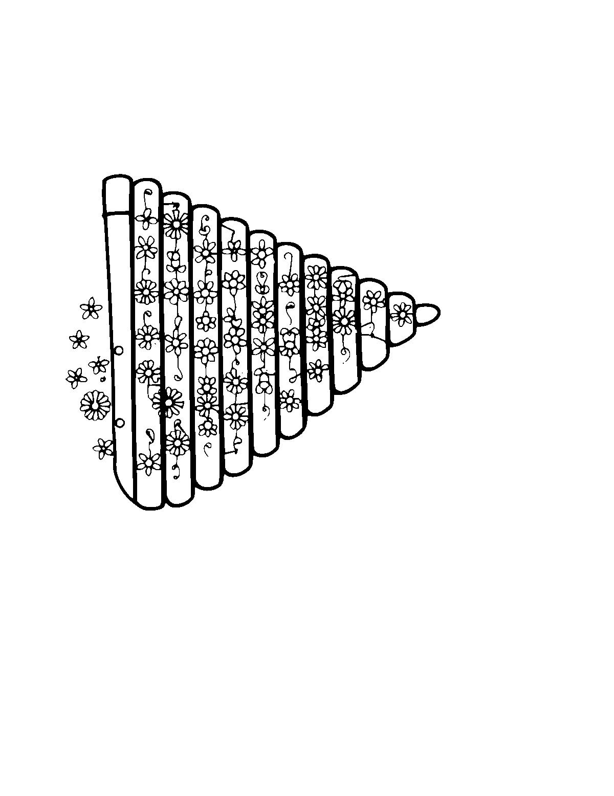 Line-art coloring page of Patterned Panpipes (Zampona), patterned, medium outlines, centered