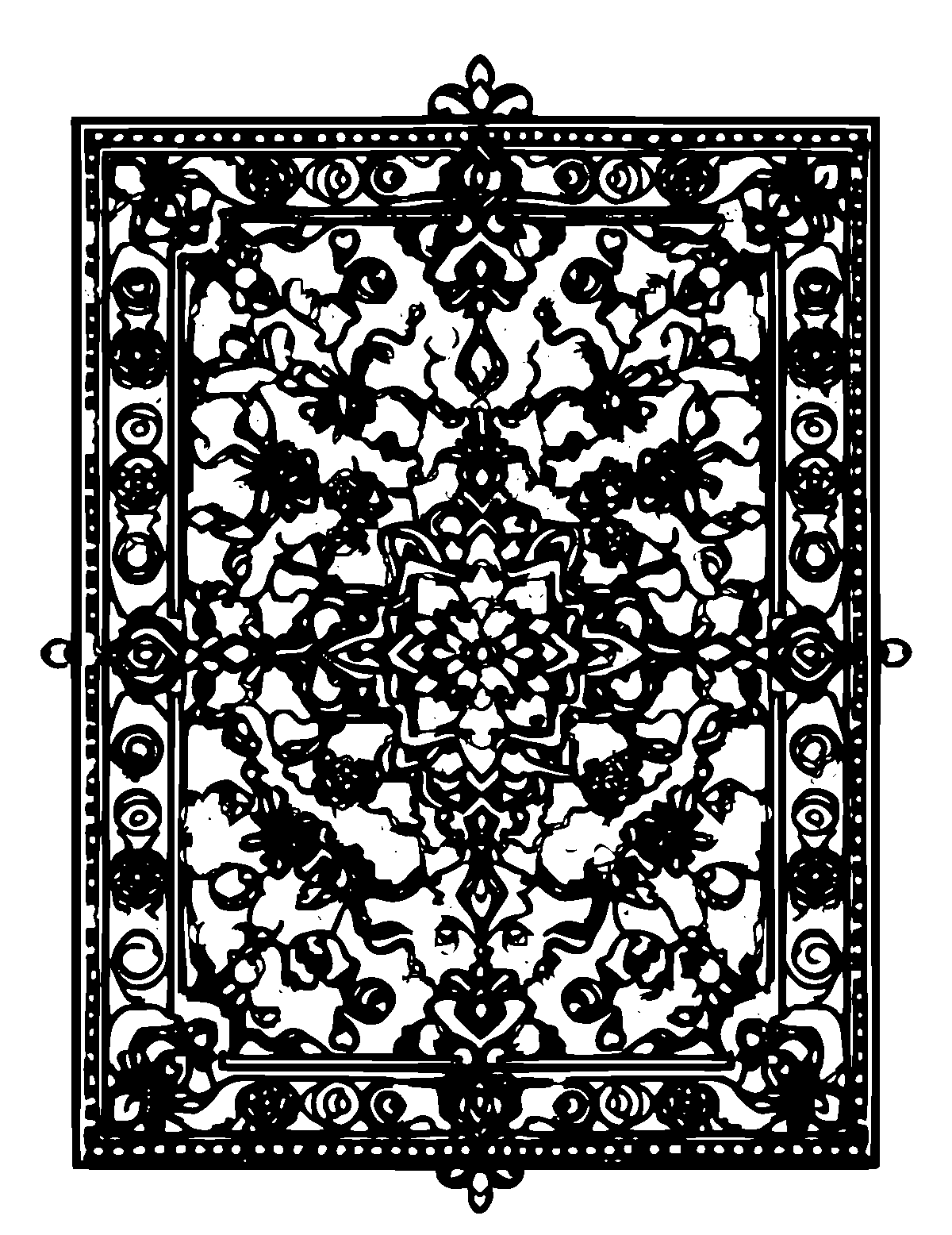 Line-art coloring page of Patterned Persian Carpet Design, patterned, thick outlines, centered