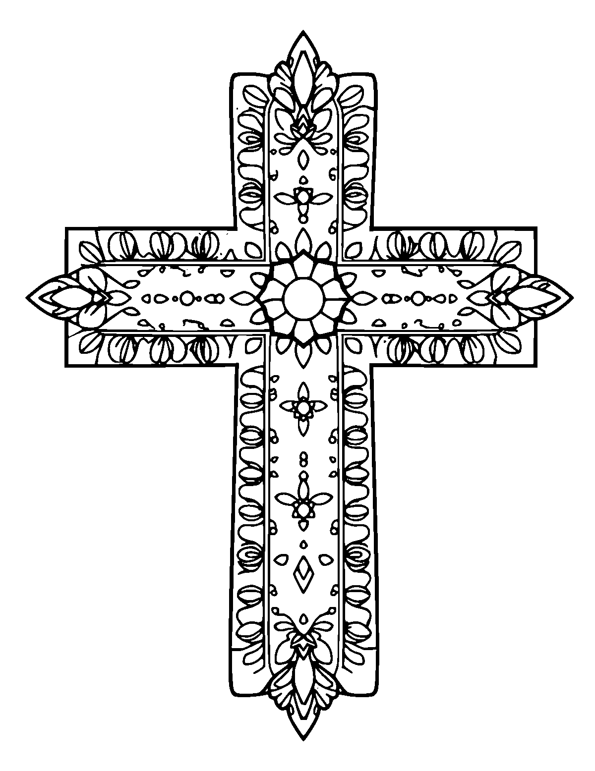 Line-art coloring page of Patterned Peruvian Chakana Cross, patterned, medium outlines, centered