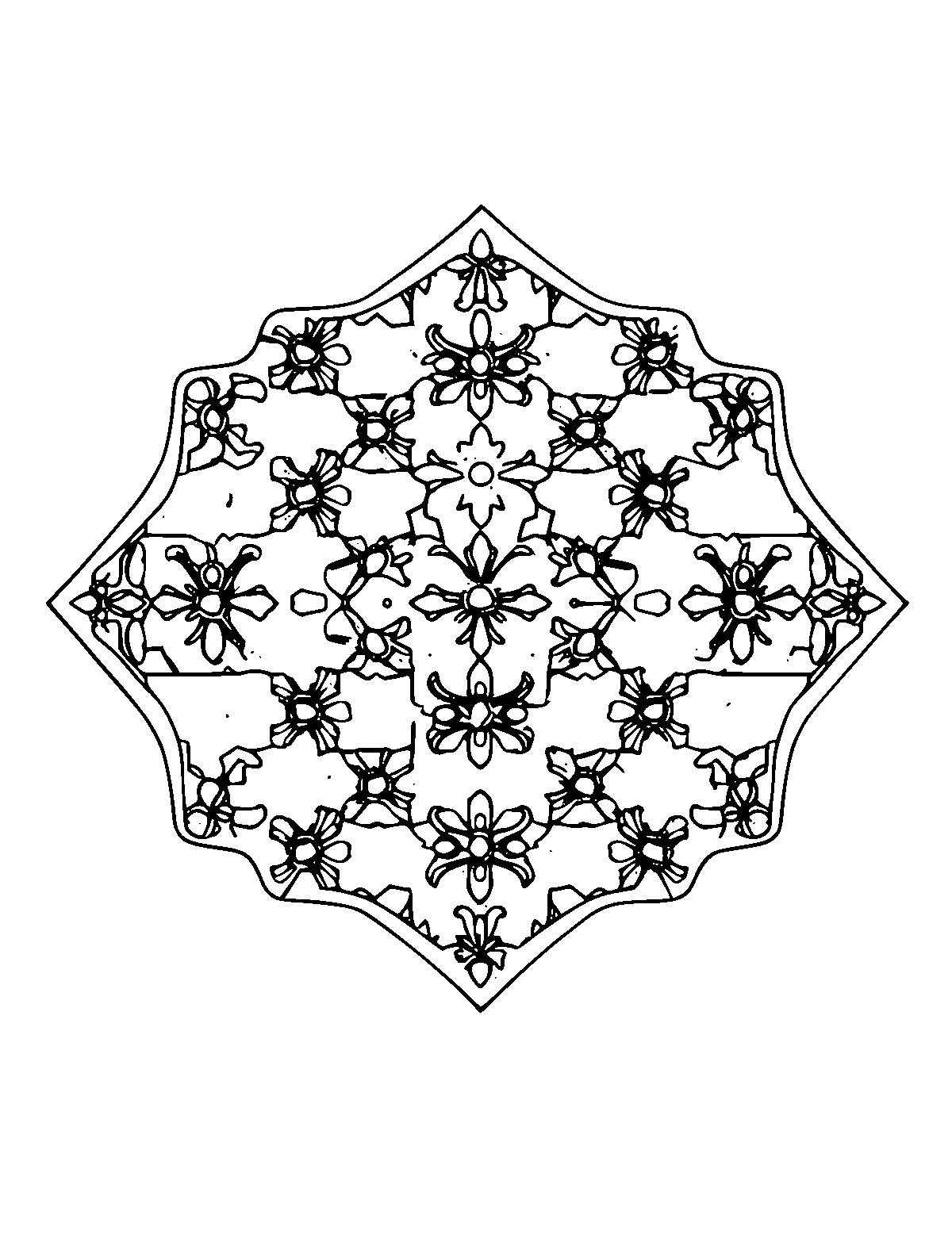 Line-art coloring page of Patterned Portuguese Azulejo Tile, patterned, medium outlines, centered