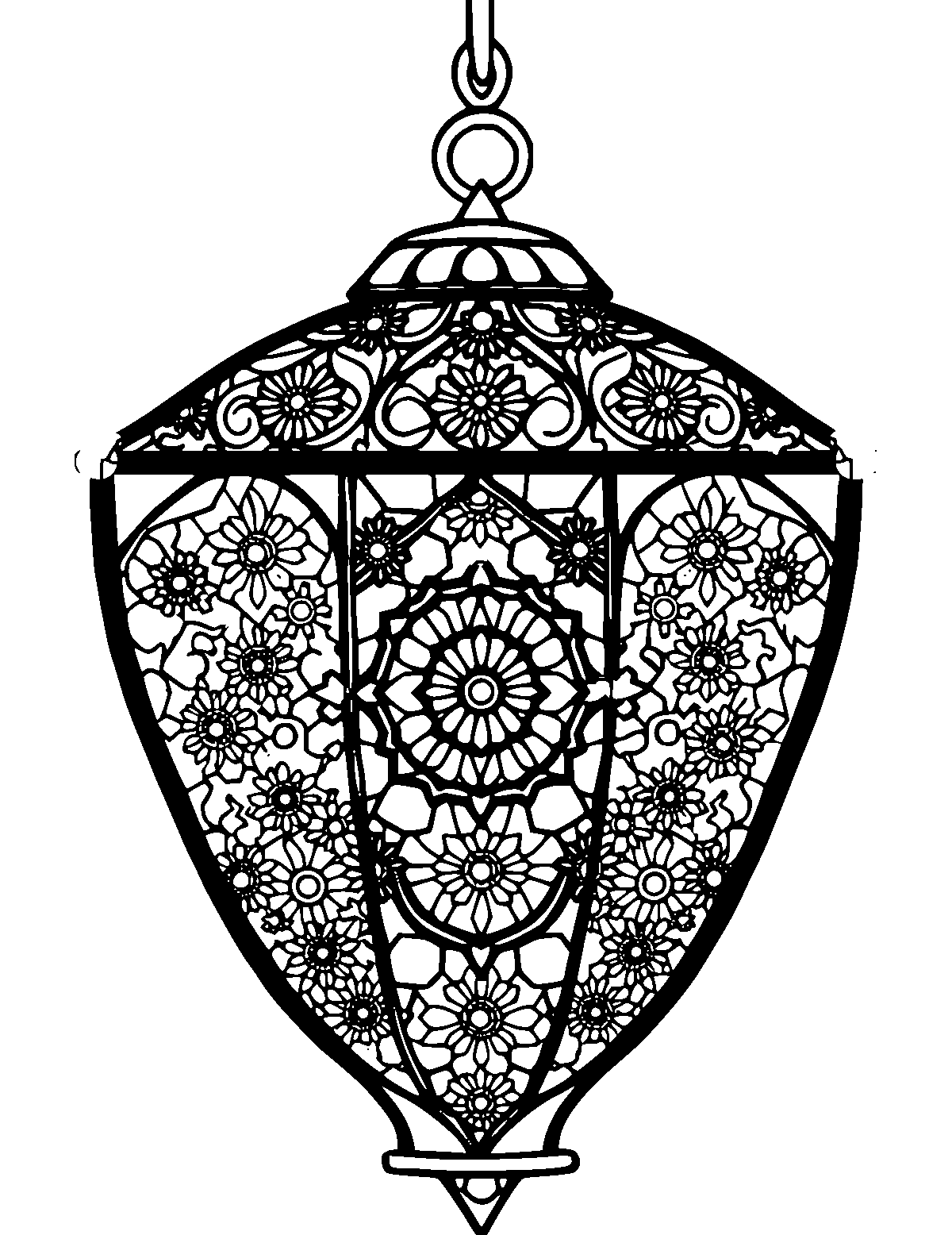 Line-art coloring page of Patterned Ramadan Lantern, patterned, medium outlines, centered