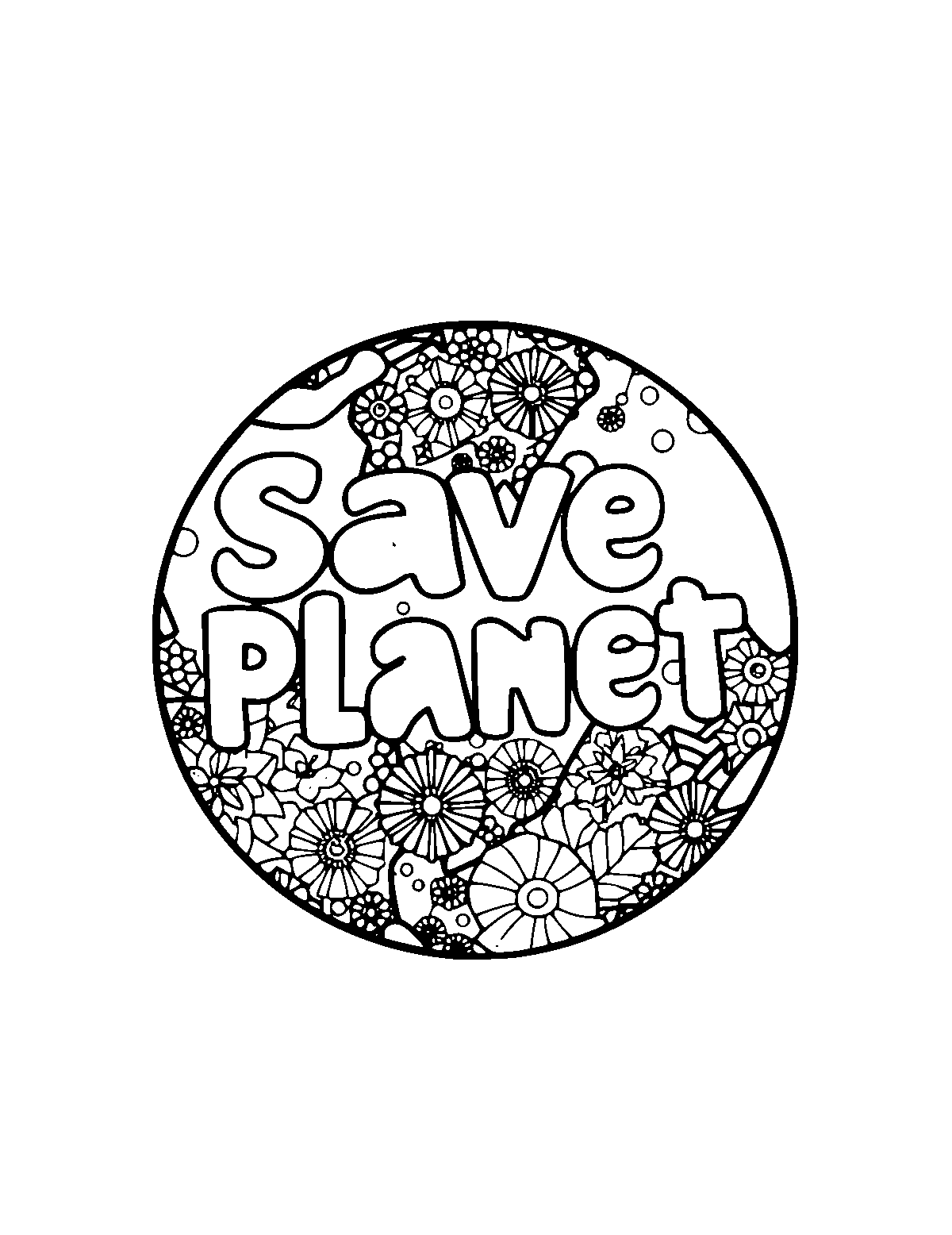 Line-art coloring page of Patterned Save the Planet, patterned, medium outlines, centered