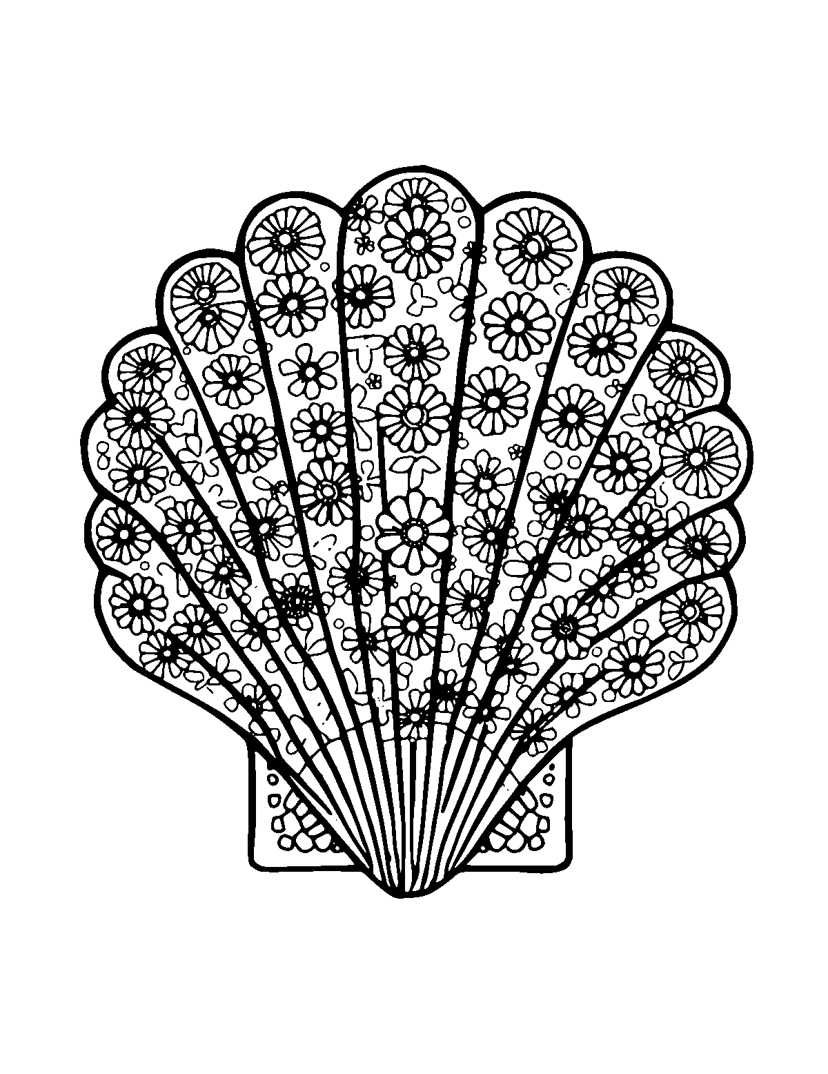 Line-art coloring page of Patterned Seashell, patterned, medium outlines, centered
