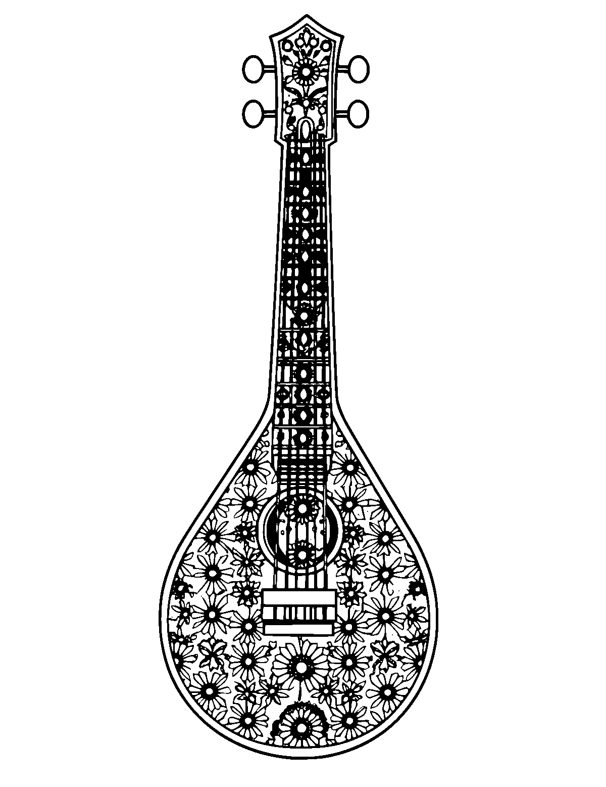 Line-art coloring page of Patterned Sitar, patterned, medium outlines, centered