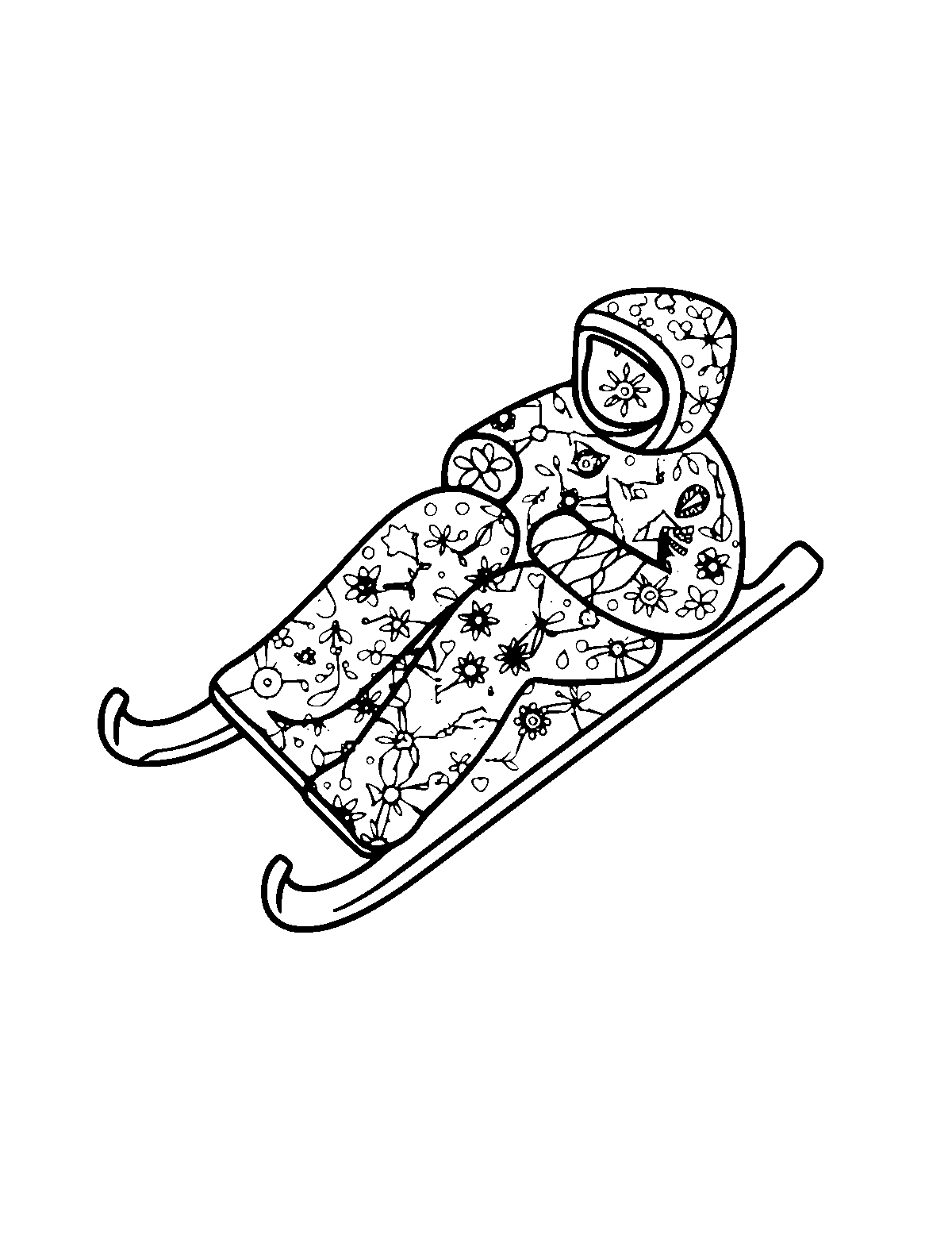 Line-art coloring page of Patterned Sledding, patterned, medium outlines, centered