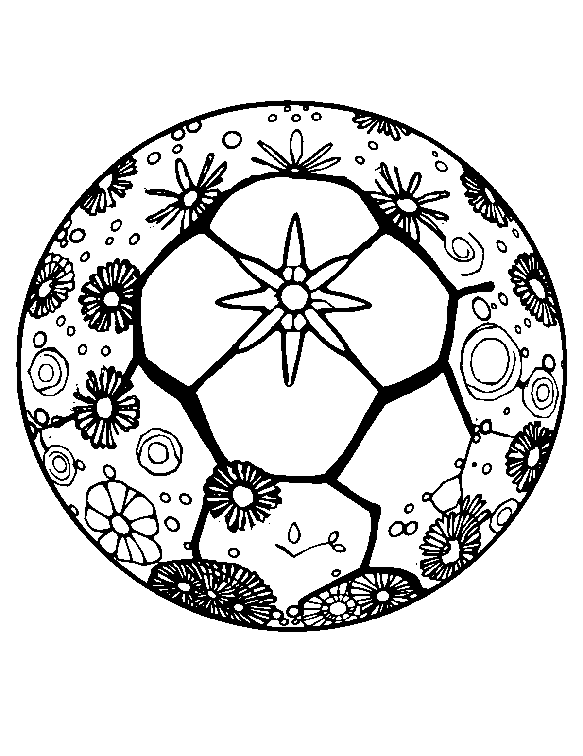 Line-art coloring page of Patterned Soccer Ball, patterned, medium outlines, centered