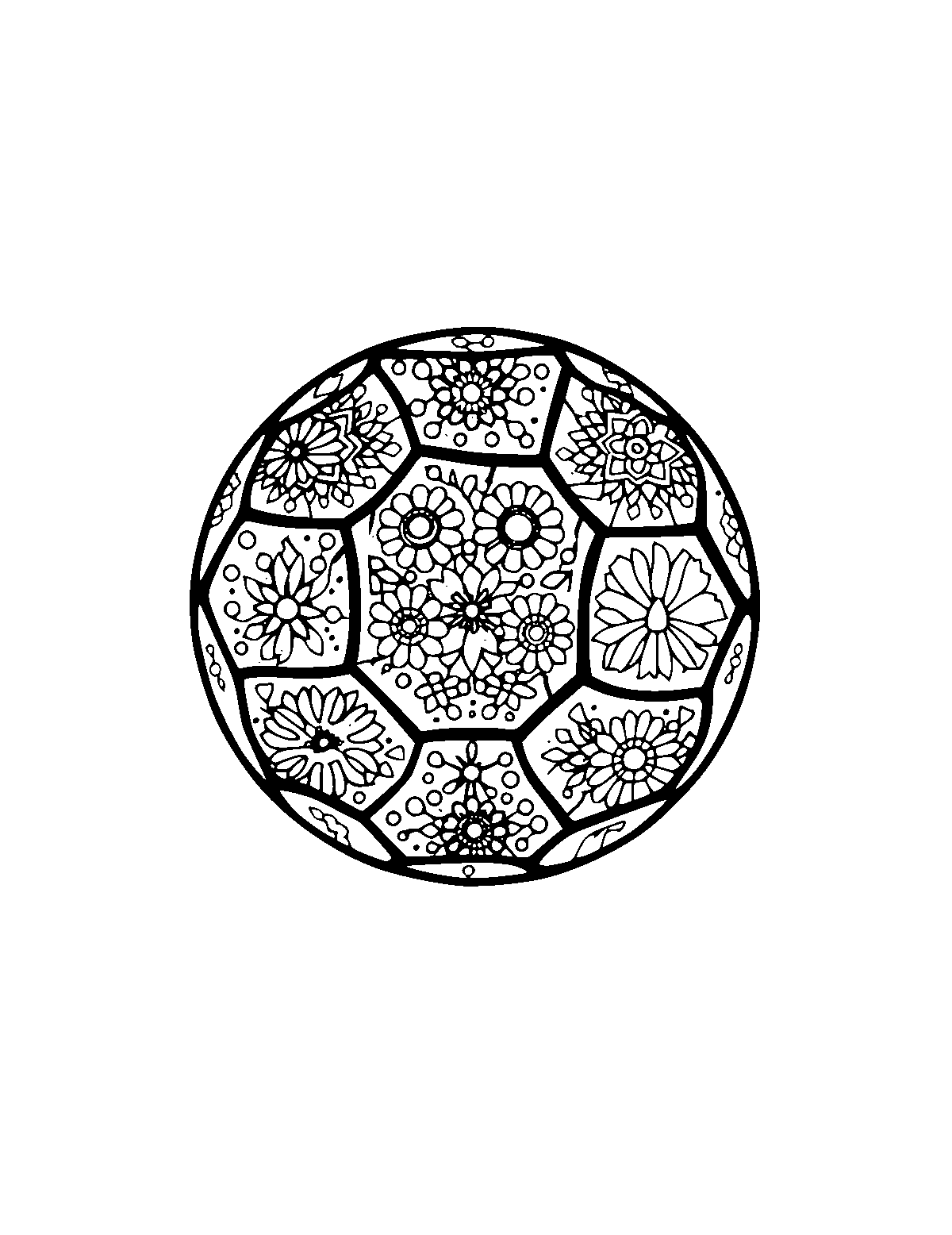 Line-art coloring page of Patterned Soccer, patterned, medium outlines, centered