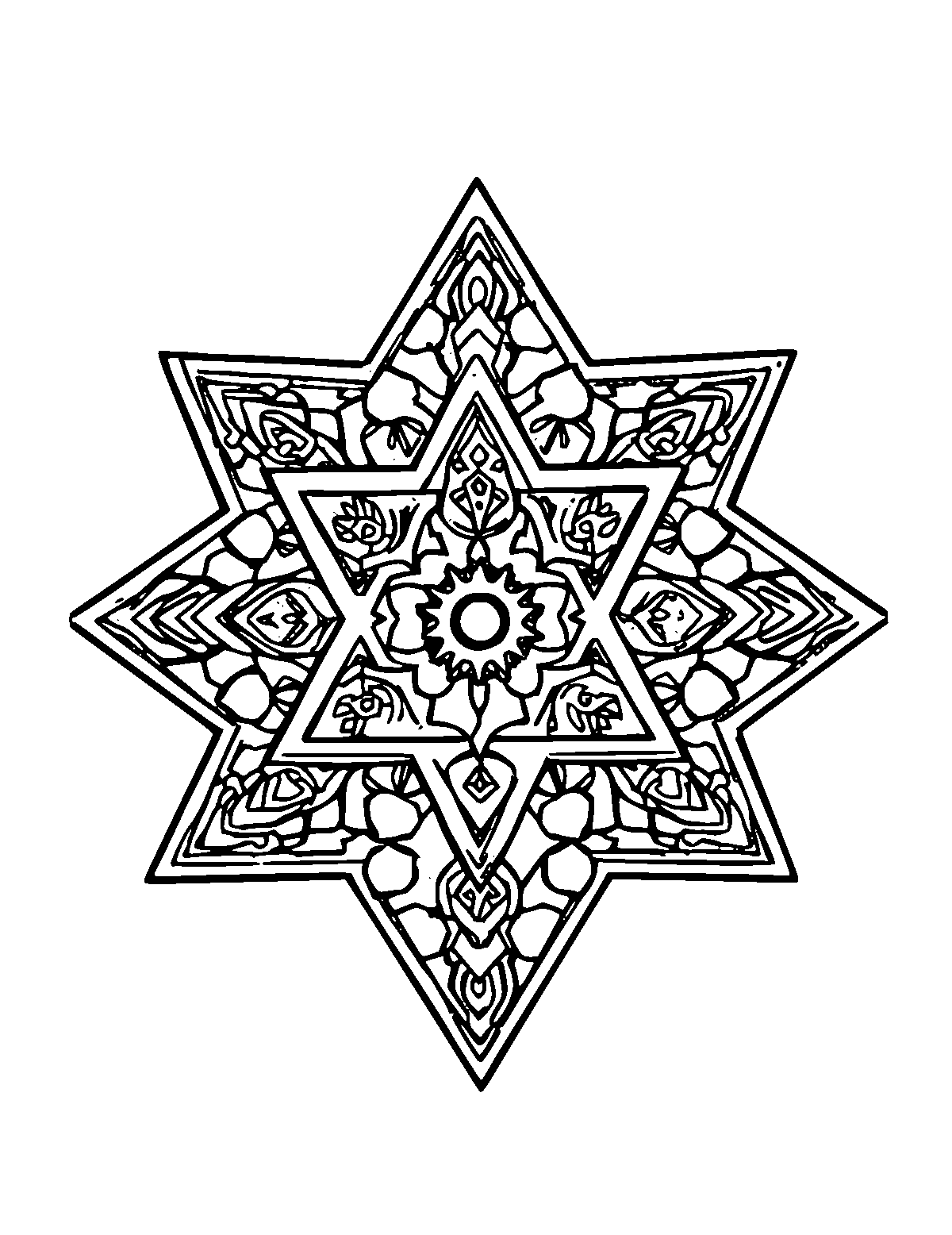 Line-art coloring page of Patterned Star of David, patterned, medium outlines, centered