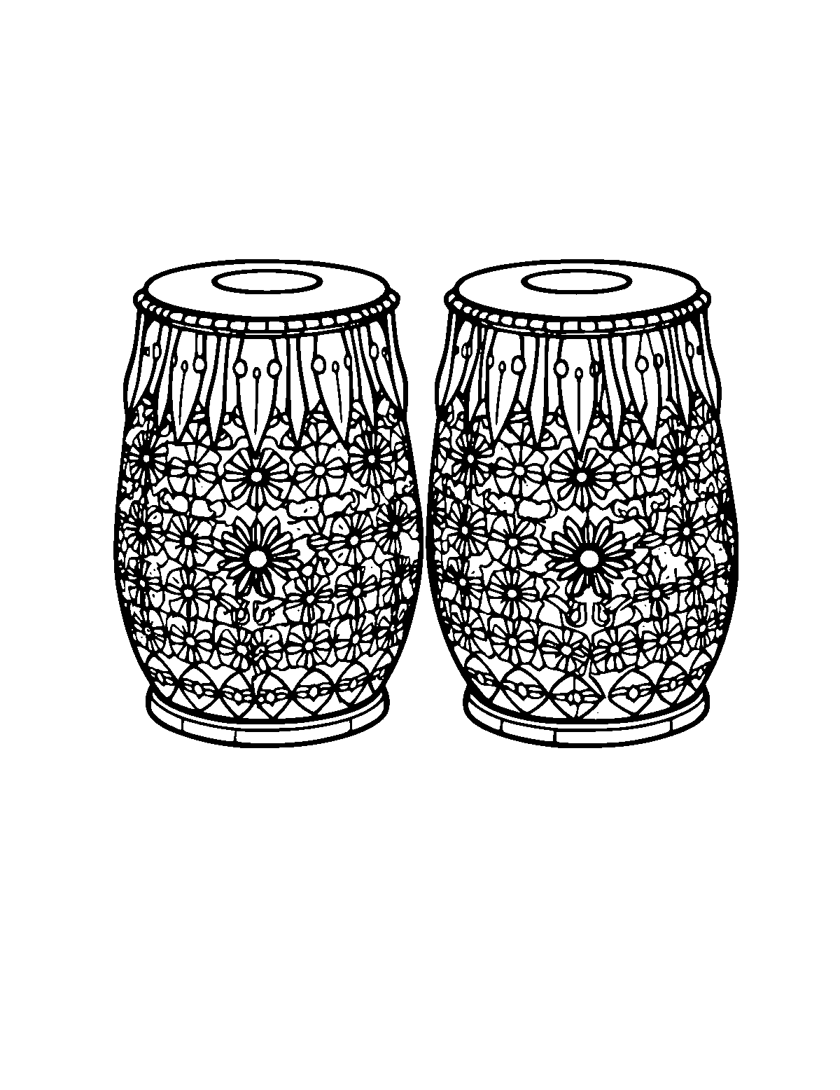 Line-art coloring page of Patterned Tabla Drums, patterned, medium outlines, centered