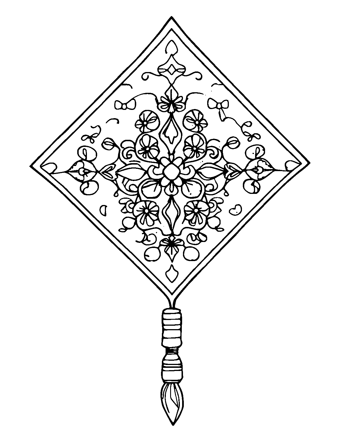 Line-art coloring page of Patterned Thai Kite (Chula), patterned, medium outlines, centered