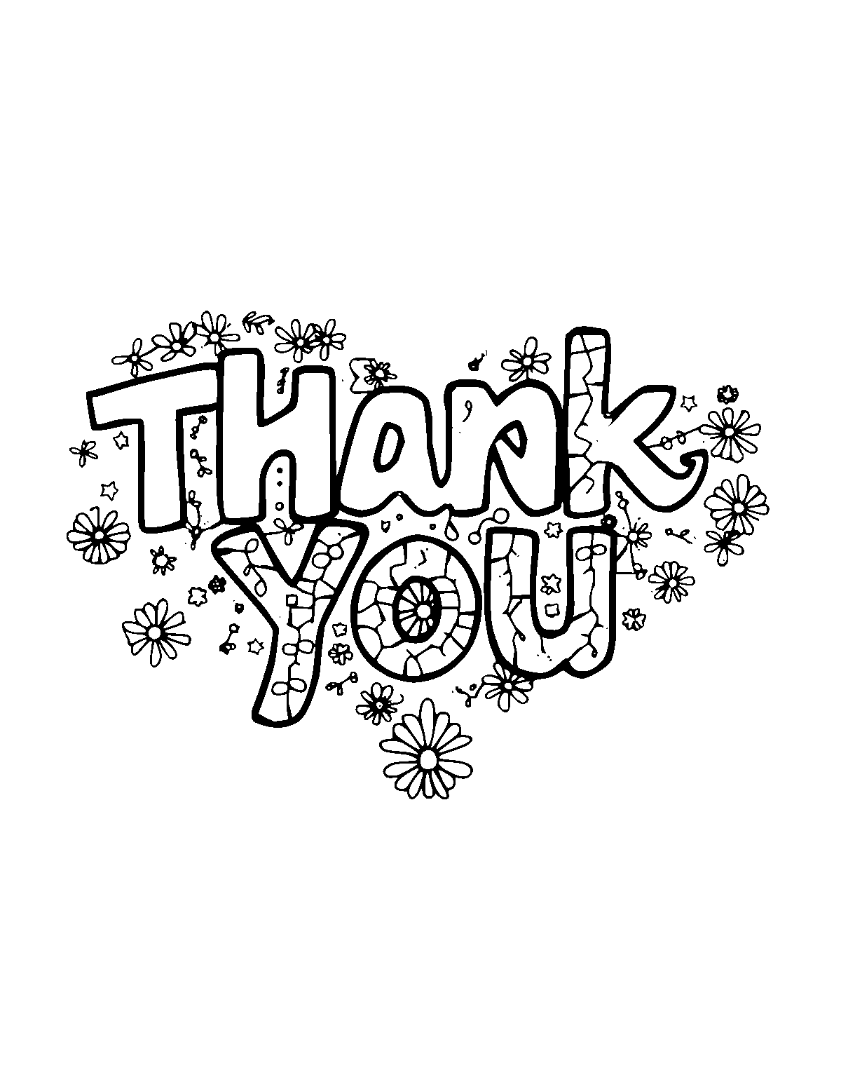 Line-art coloring page of Patterned Thank You, patterned, medium outlines, centered