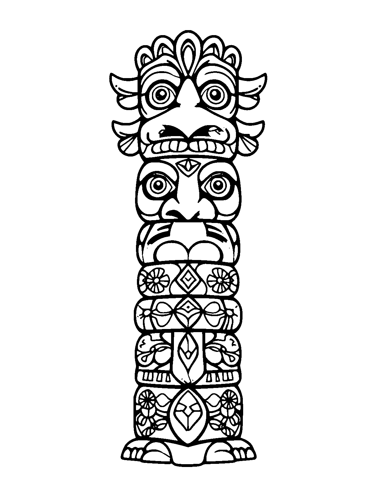 Line-art coloring page of Patterned Totem Pole, patterned, medium outlines, centered