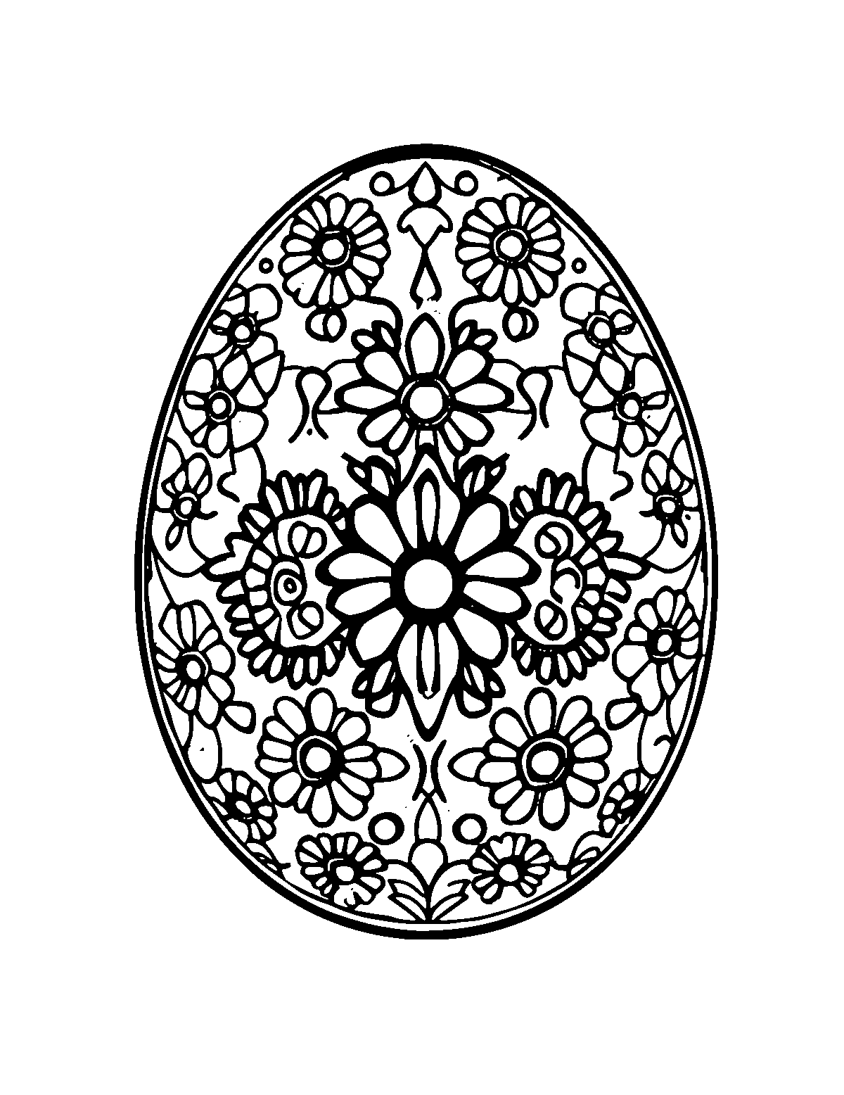 Line-art coloring page of Patterned Ukrainian Pysanky Egg, patterned, medium outlines, centered