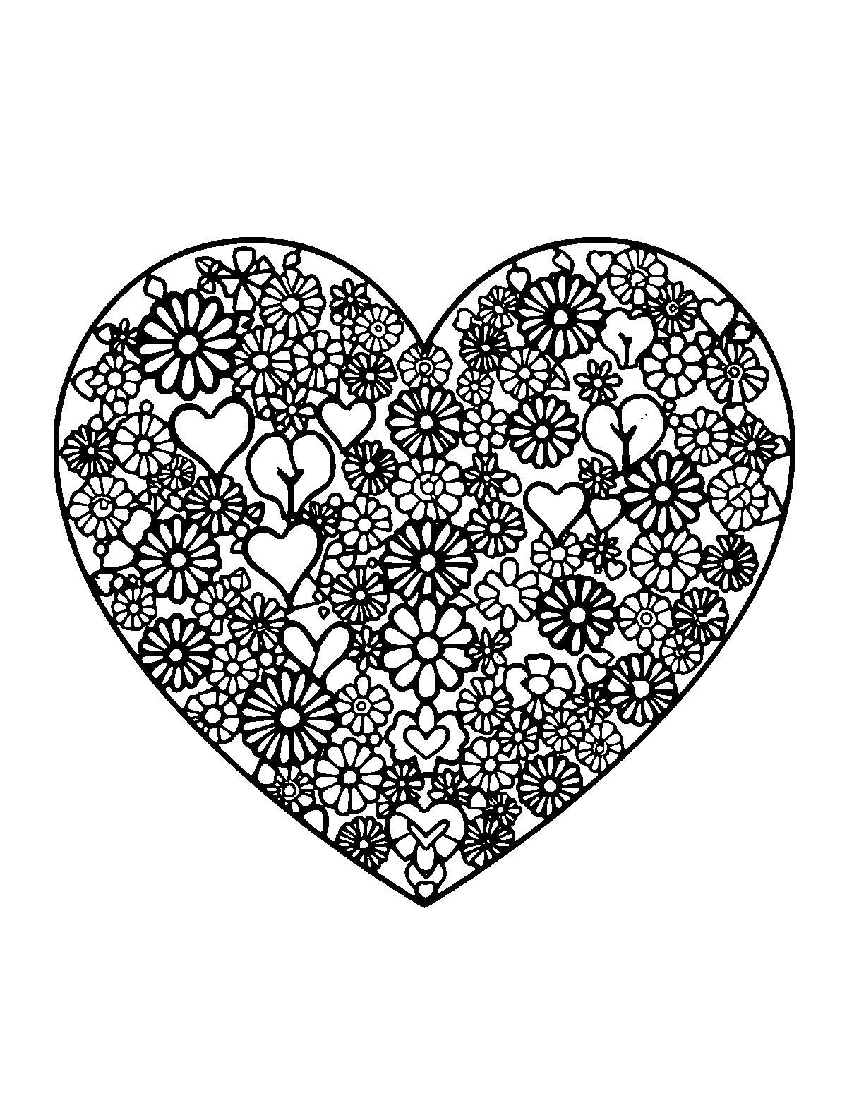 Line-art coloring page of Patterned Valentine Heart, patterned, medium outlines, centered