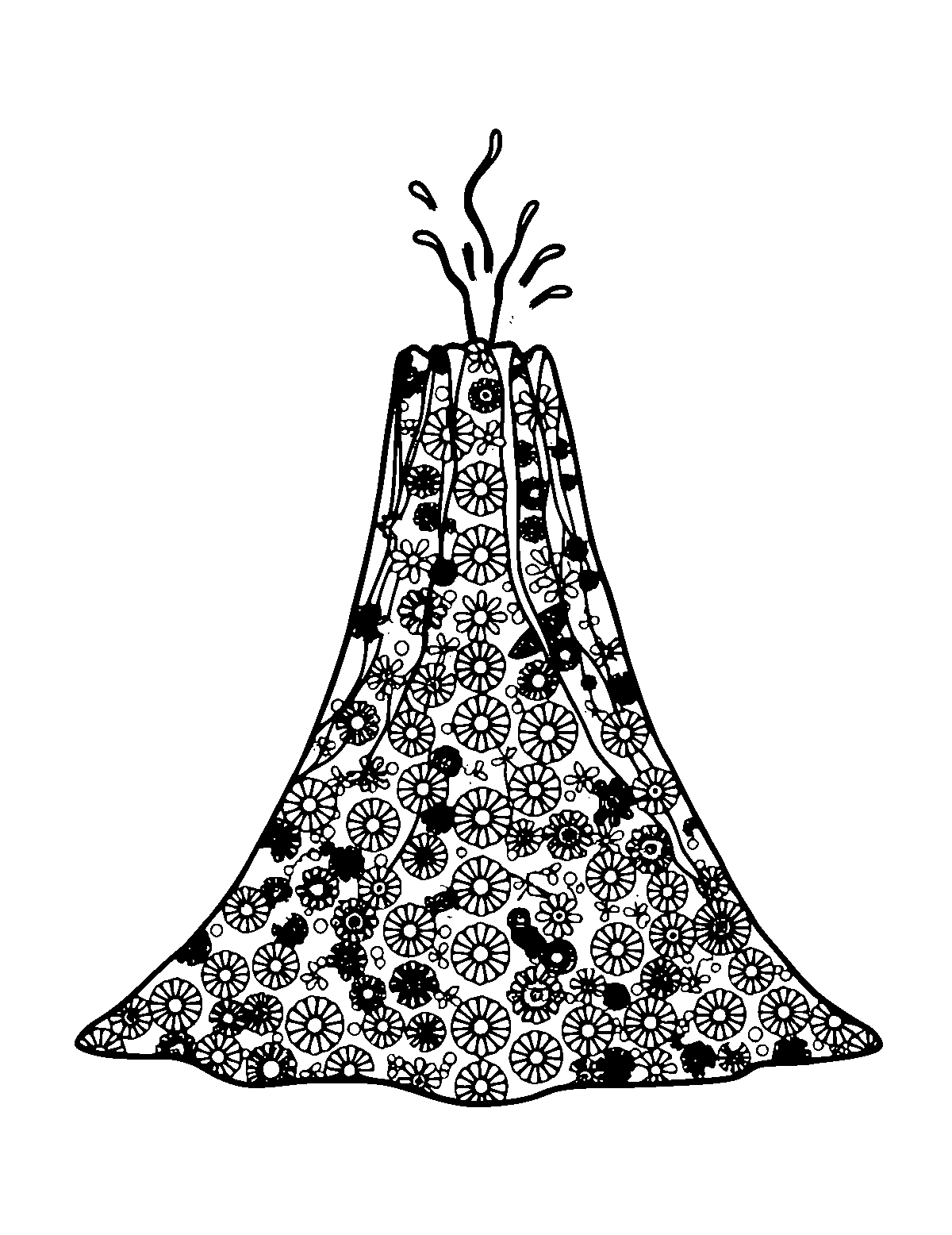 Line-art coloring page of Patterned Volcano, patterned, medium outlines, centered