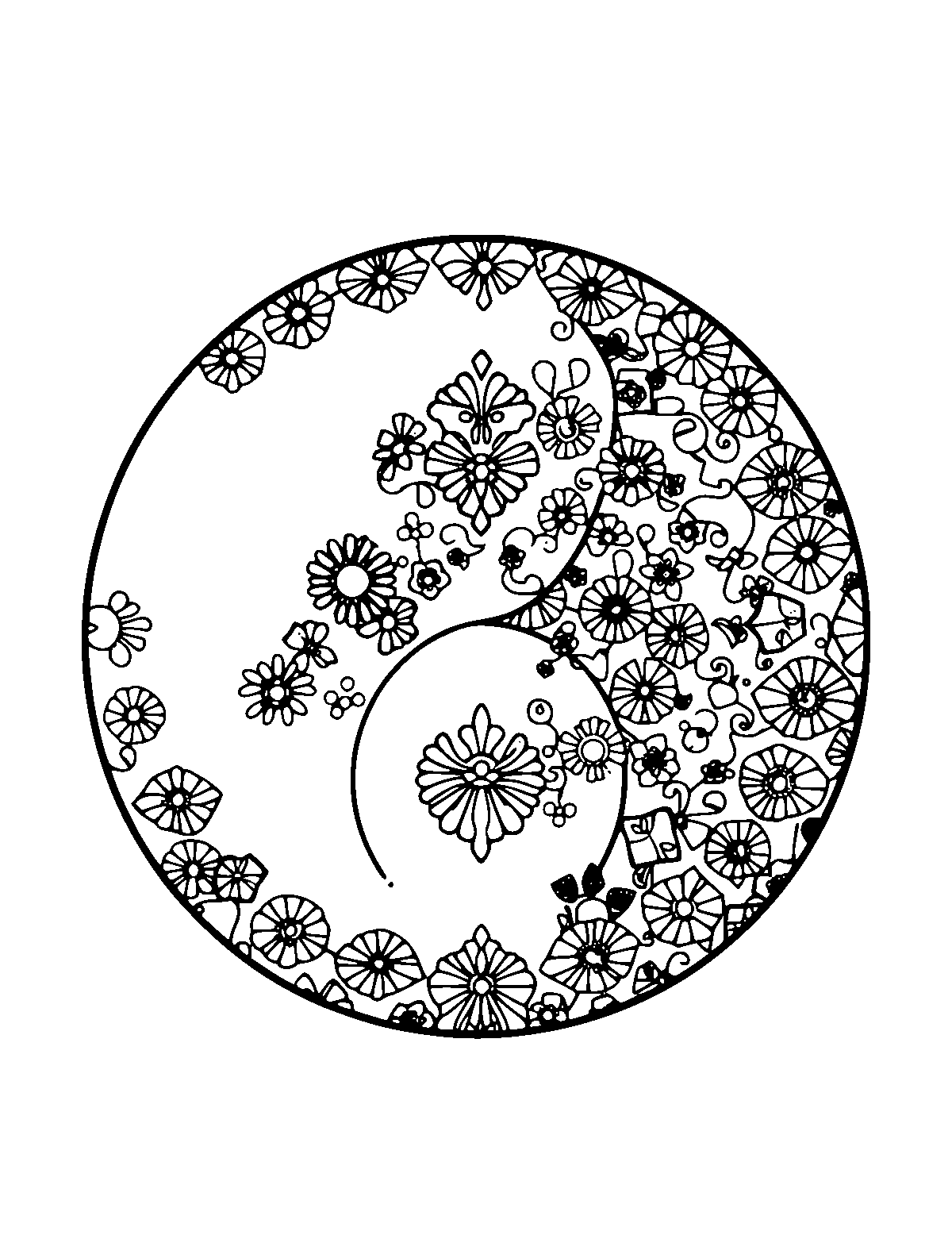 Line-art coloring page of Patterned Yin and Yang, patterned, medium outlines, centered