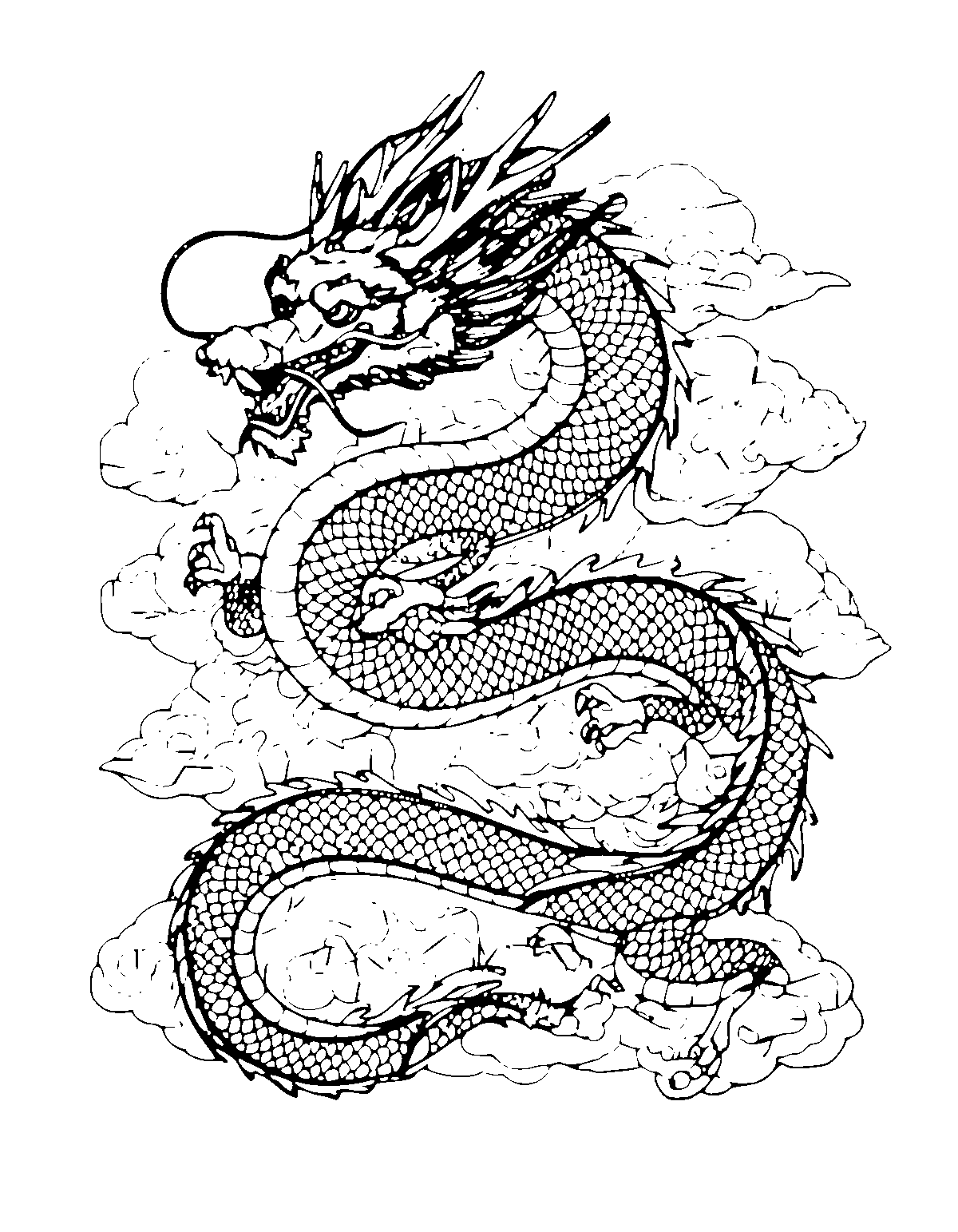 Line-art coloring page of Cloud Serpent Dragon, cloud serpent, fine outlines, centered