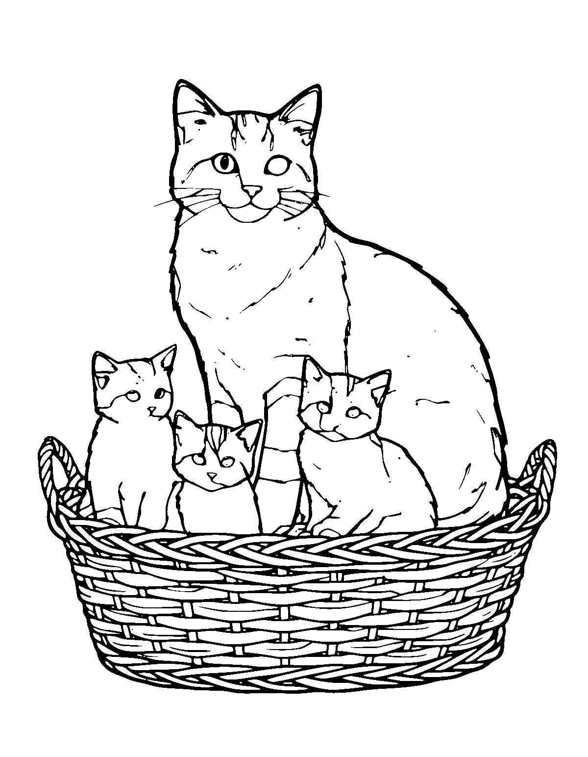 Line-art coloring page of Kitten Family Cat, kitten family, medium outlines, centered