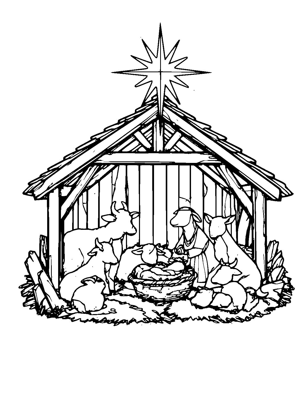 Line-art coloring page of Nativity Christmas, nativity, medium outlines, centered