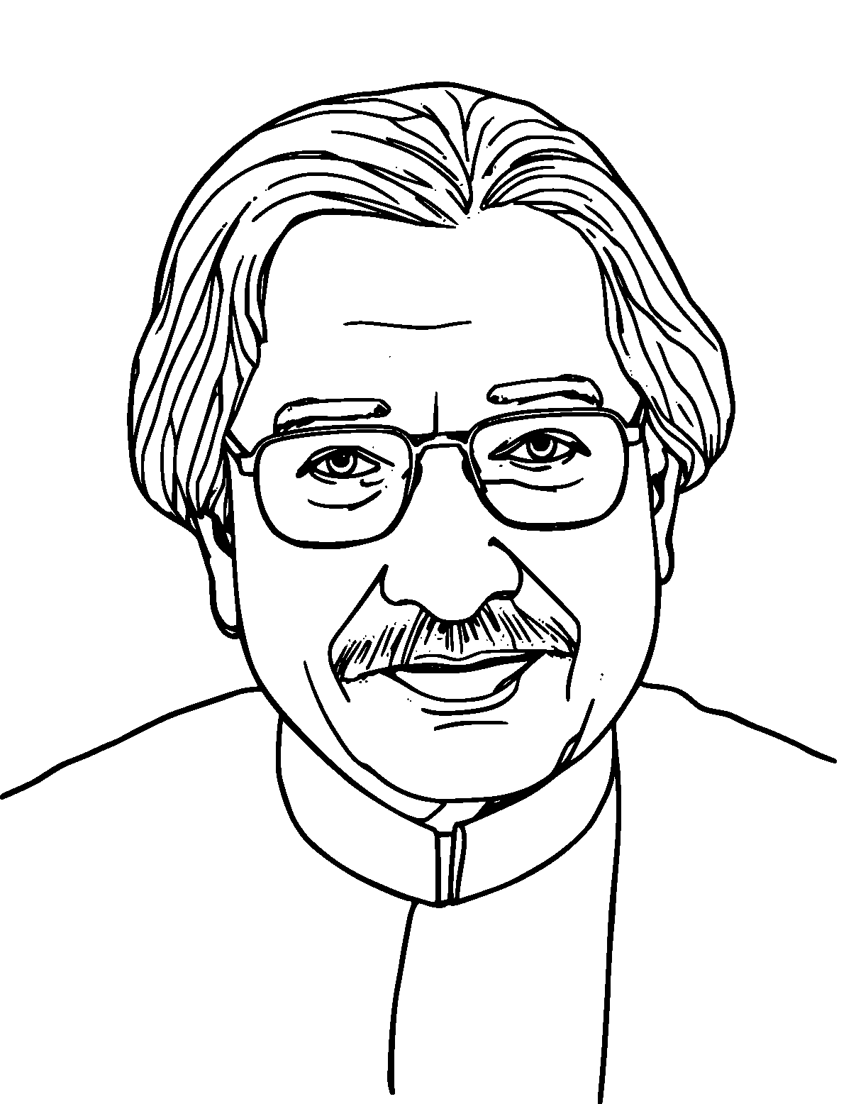 Line-art coloring page of A. P. J. Abdul Kalam, medium outlines, centered