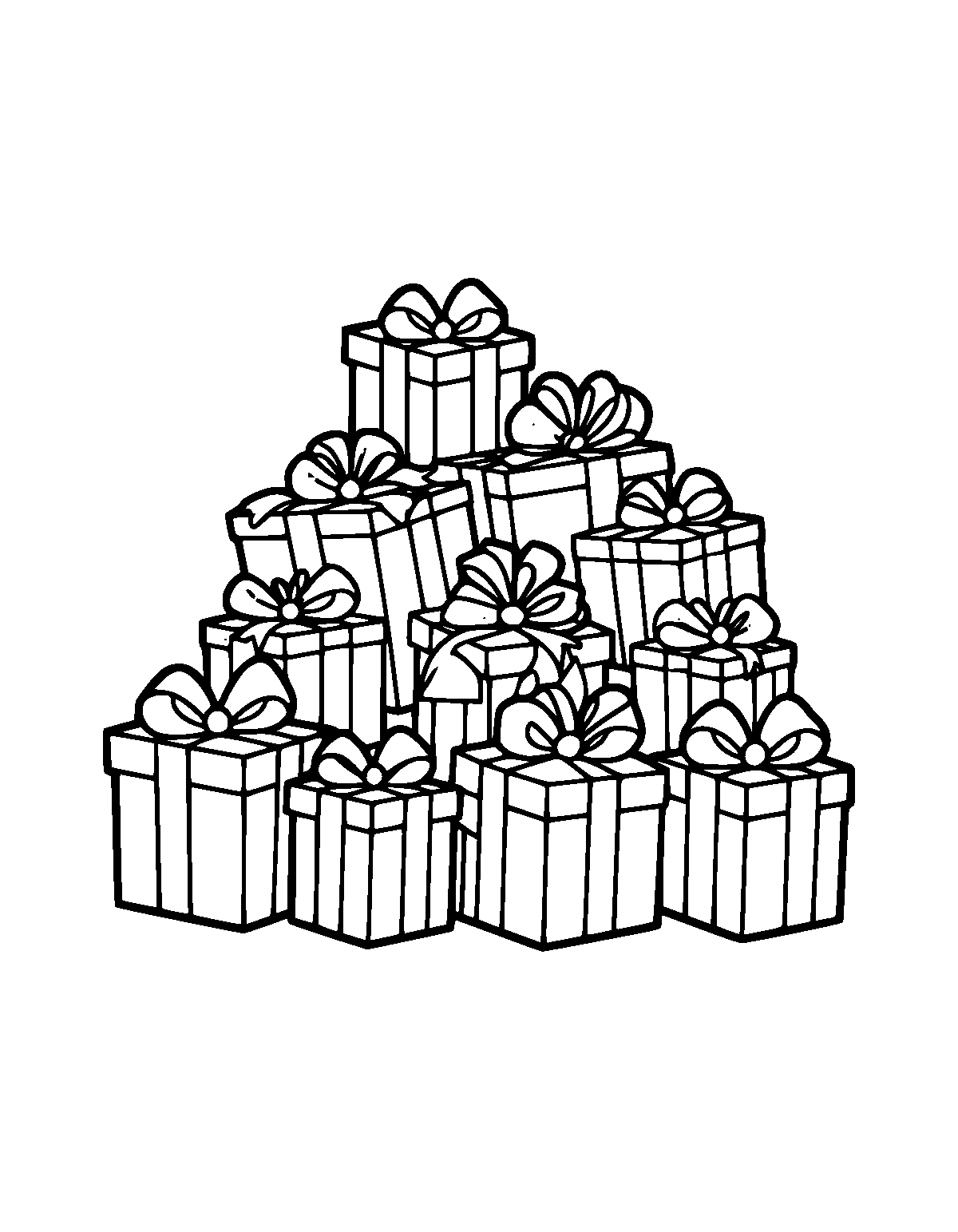 Line-art coloring page of Presents Christmas, presents, medium outlines, centered