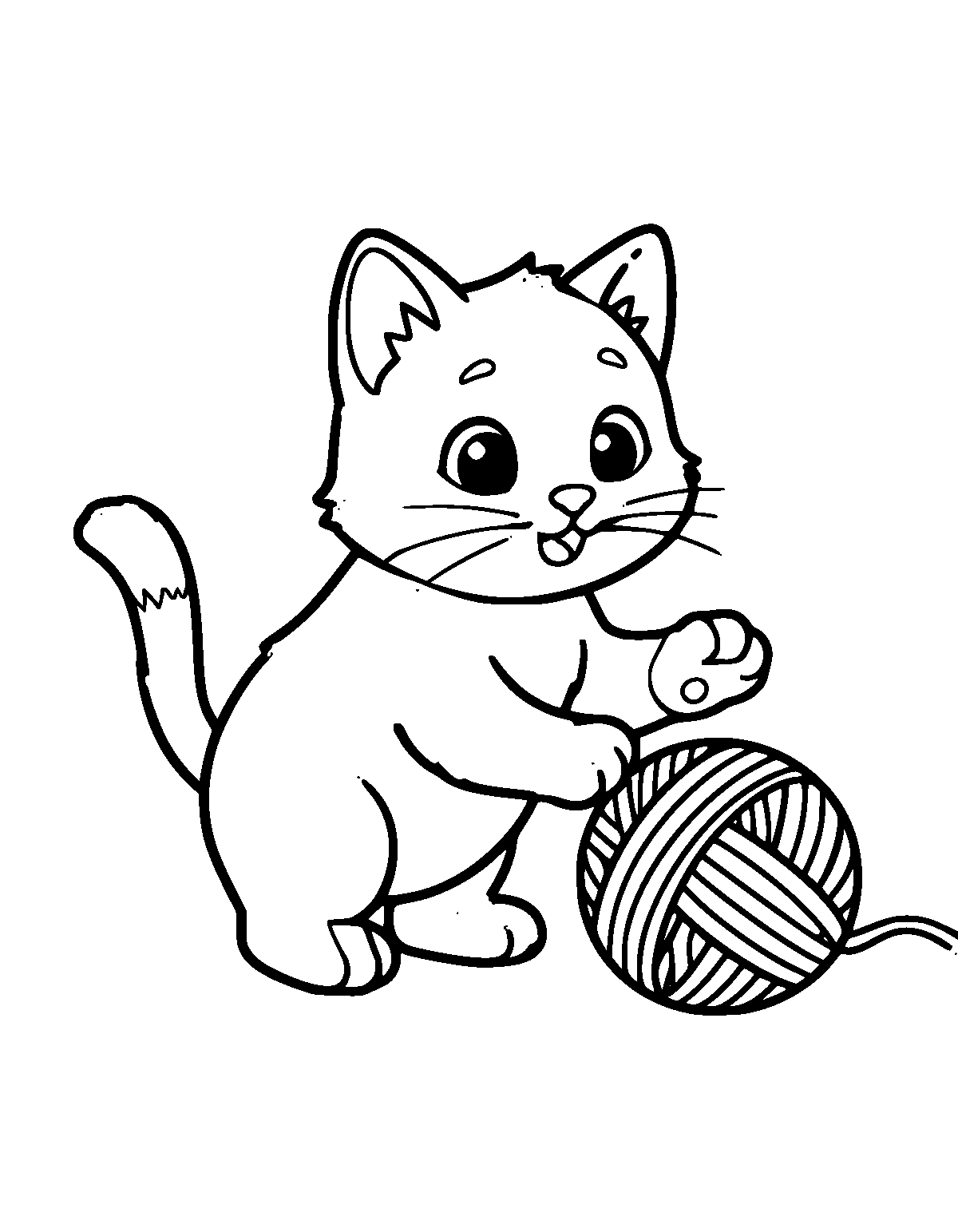 Line-art coloring page of Yarn Ball Cat, yarn ball, thick outlines, centered