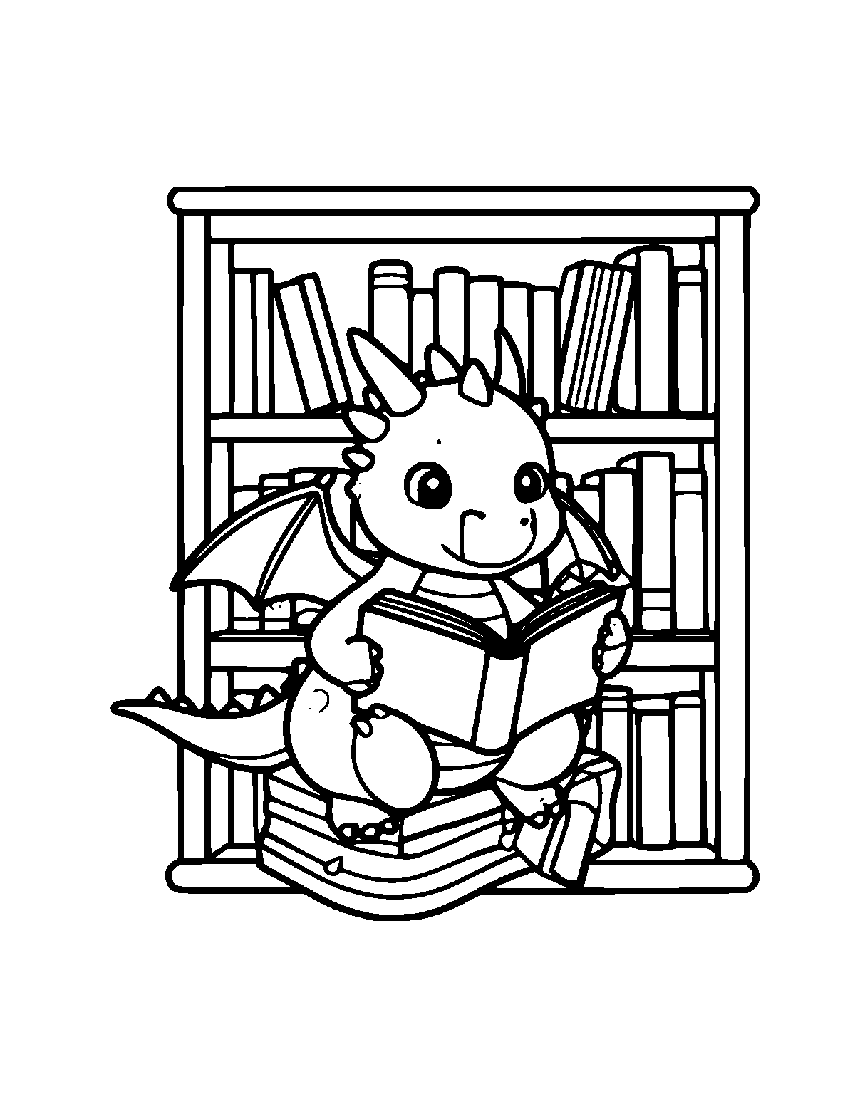 Line-art coloring page of Bookworm Dragon, bookworm, medium outlines, centered