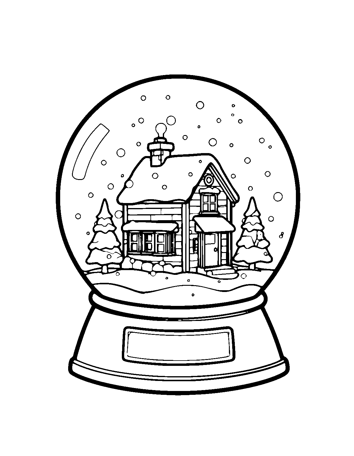 Line-art coloring page of Snow Globe Christmas, snow globe, medium outlines, centered