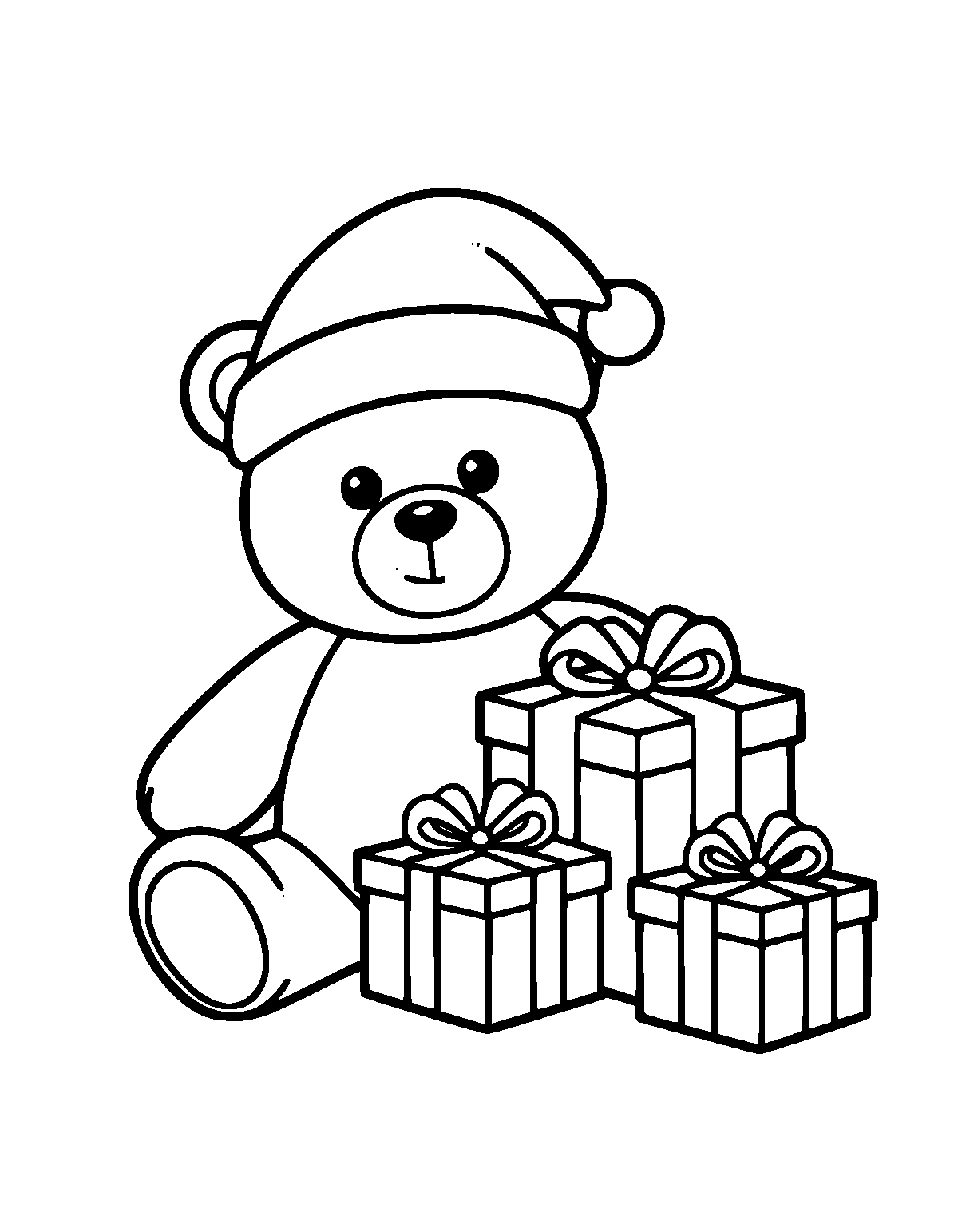 Line-art coloring page of Teddy Christmas, teddy, thick outlines, centered