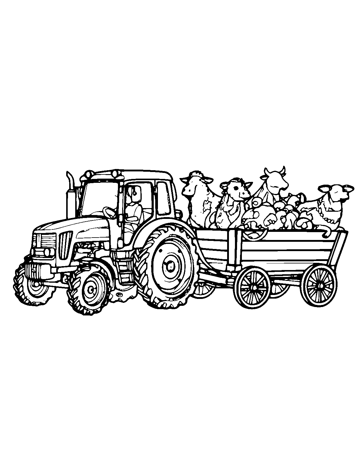 Line-art coloring page of Hayride Farm Animals, hayride, medium outlines, centered