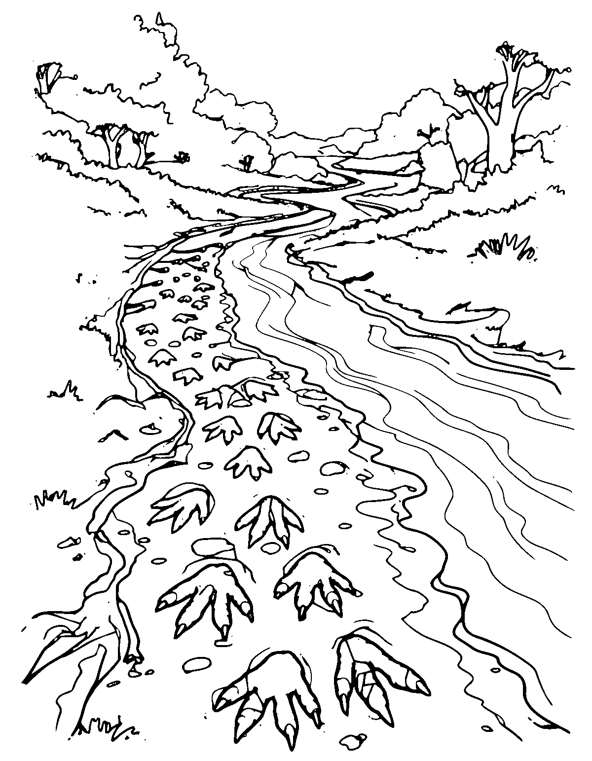 Line-art coloring page of Footprint Trail Dinosaur, footprint trail, medium outlines, centered