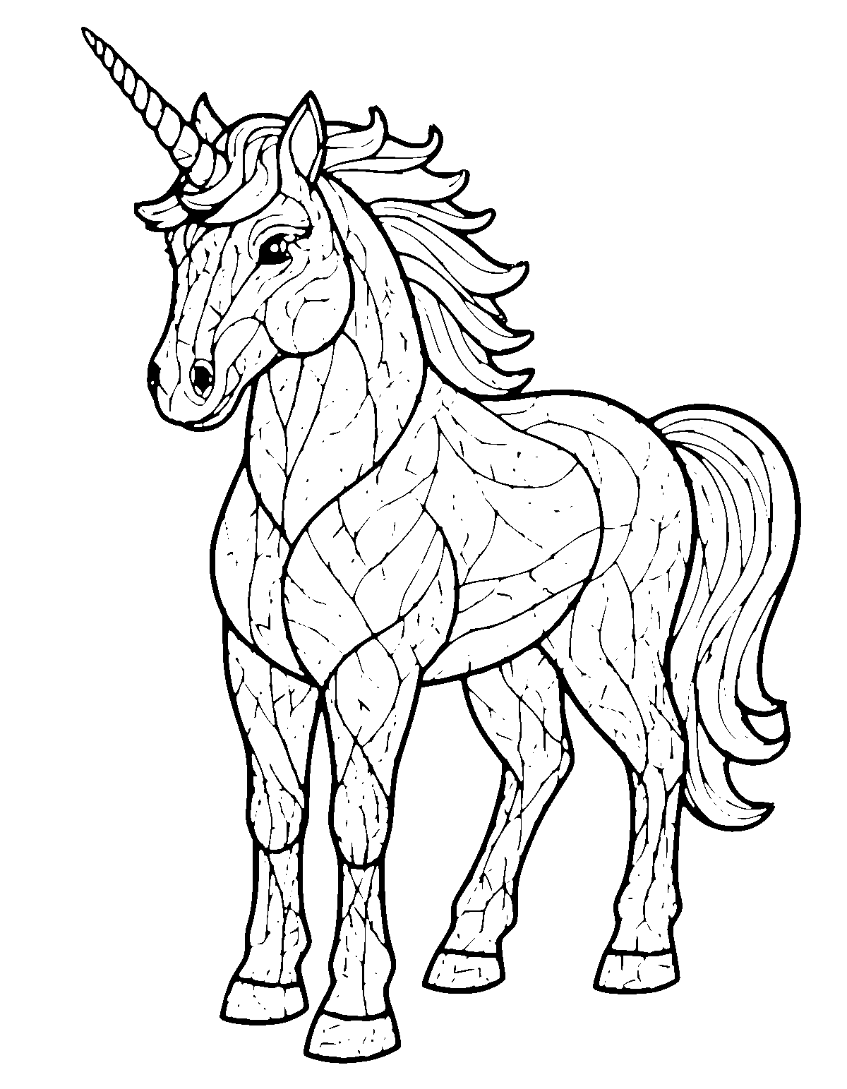 Line-art coloring page of Stained Glass Unicorn, stained glass, medium outlines, centered