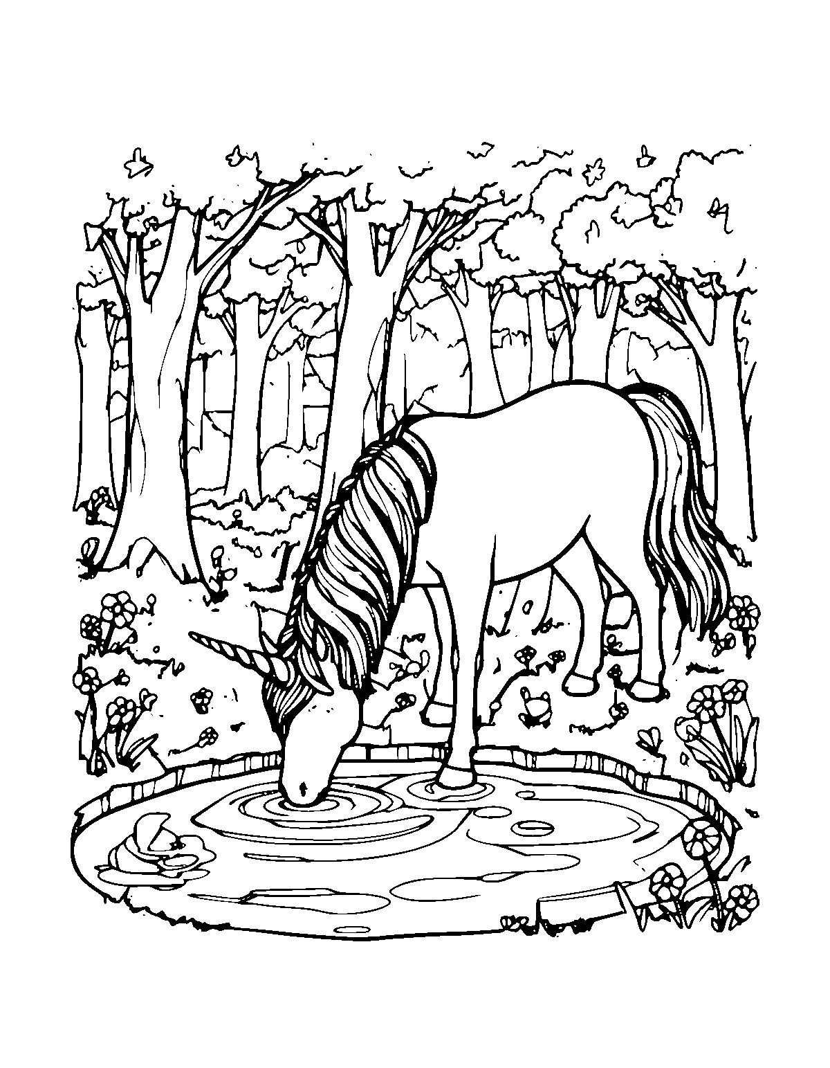 Line-art coloring page of Forest Pond Unicorn, forest pond, medium outlines, centered