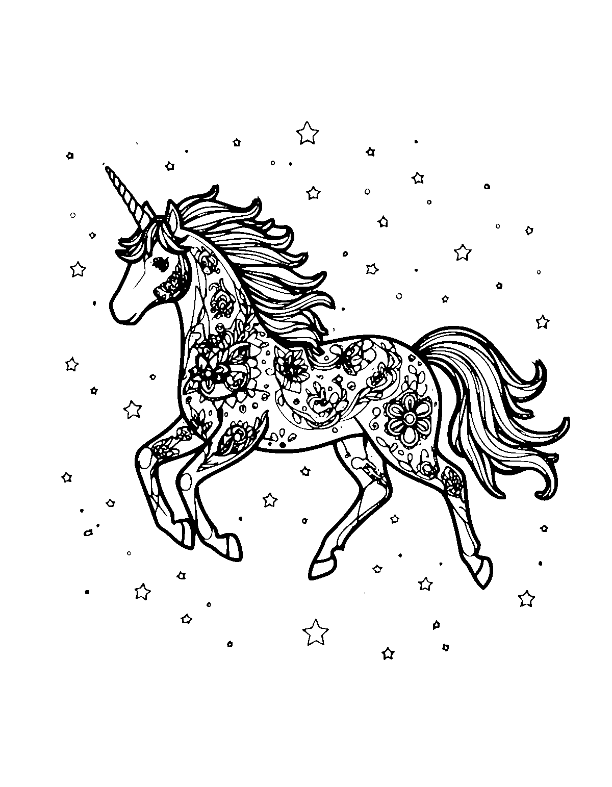 Line-art coloring page of Starry Sky Unicorn, starry sky, medium outlines, centered