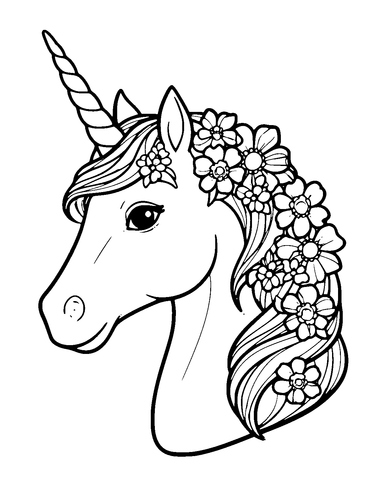 Line-art coloring page of Flower Mane Unicorn, flower mane, medium outlines, centered