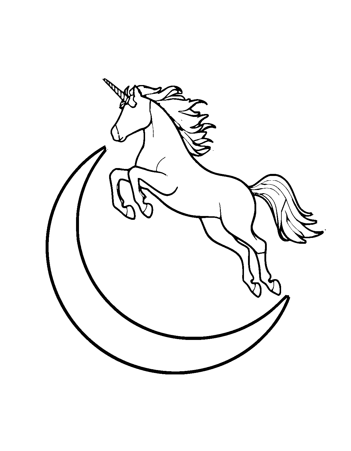 Line-art coloring page of Moon Leap Unicorn, moon leap, medium outlines, centered