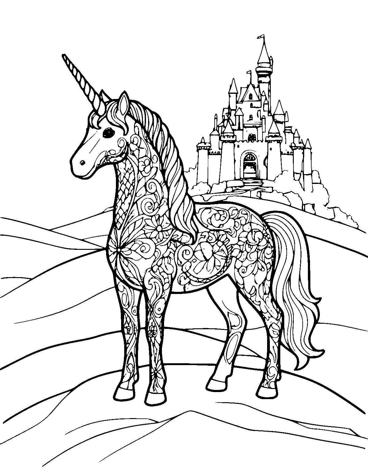 Line-art coloring page of Castle View Unicorn, castle view, fine outlines, centered